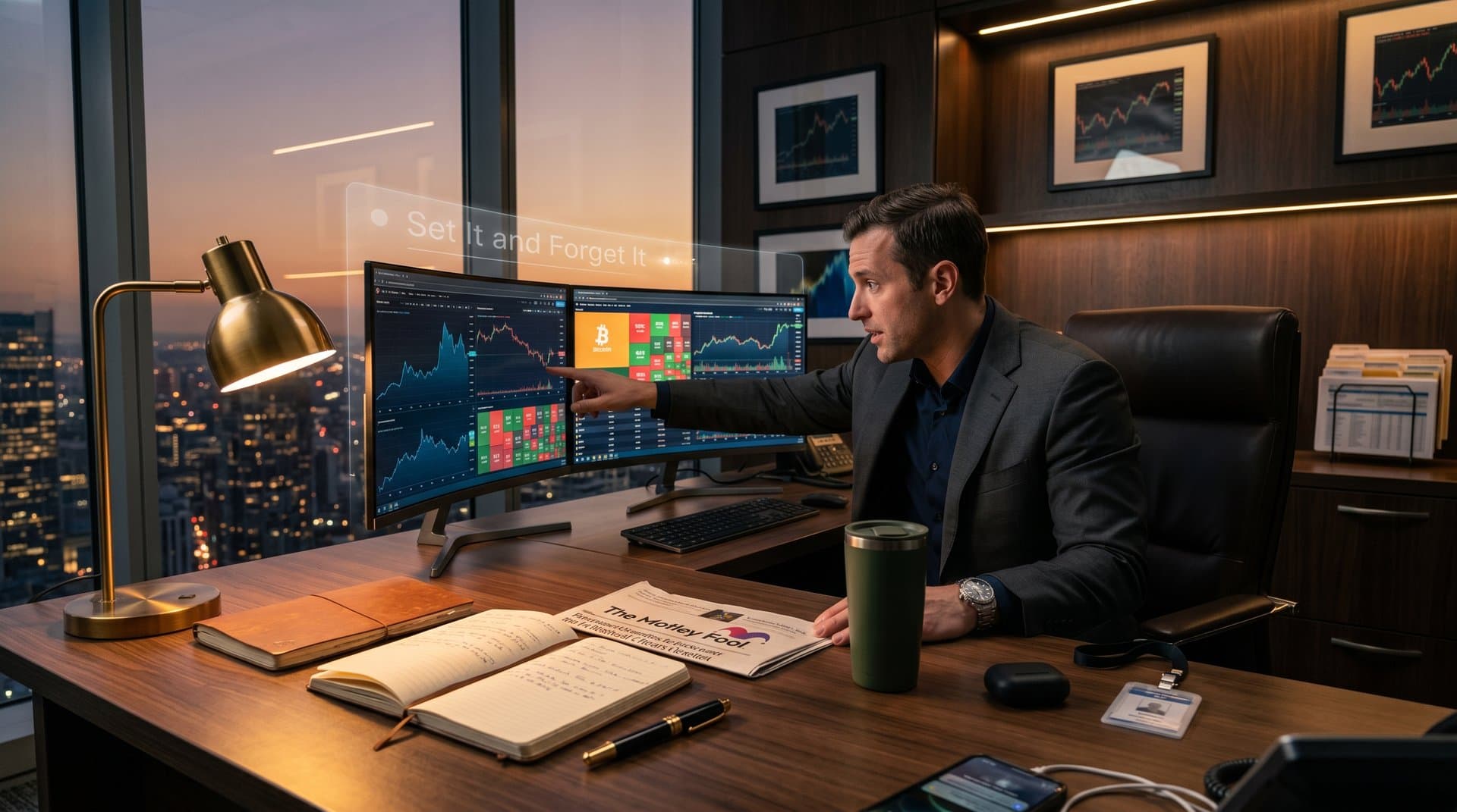 Executive desk dashboard displays set it and forget it cryptocurrency strategy amid Fear & Greed 26 and BTC volatility