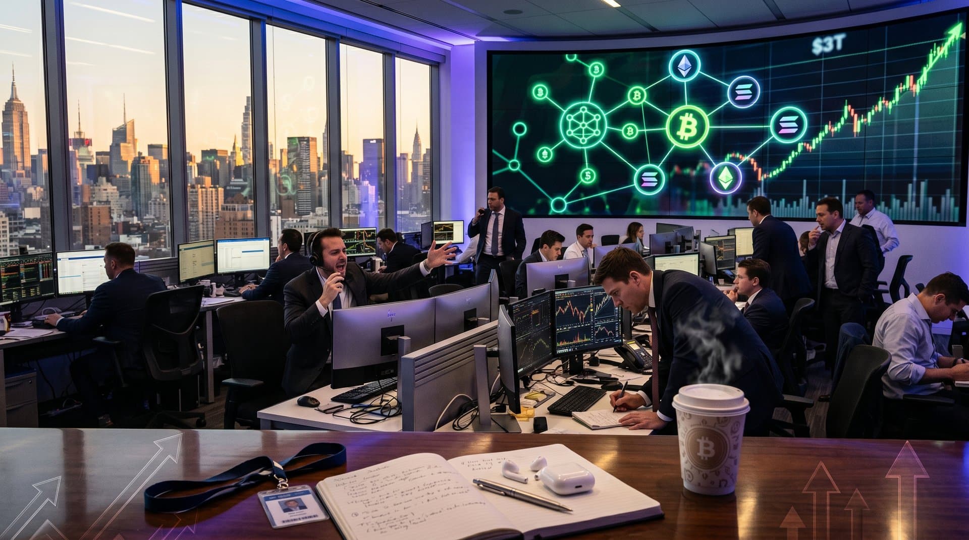 Abstract crypto market chart surging to $3T with blockchain nodes and ETF arrows in neon financial grid