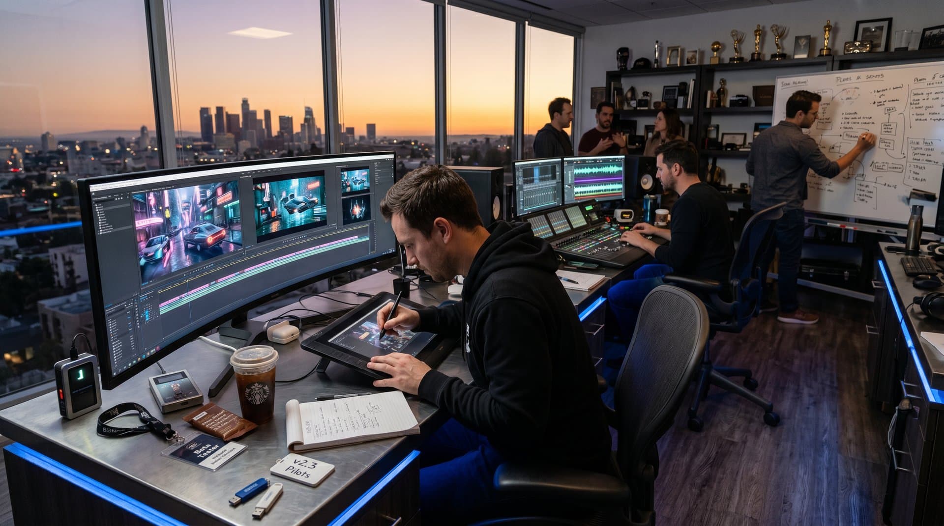 Filmmaker refines undetectable AI video in Hollywood editing suite with monitors and production tools under cinematic lights