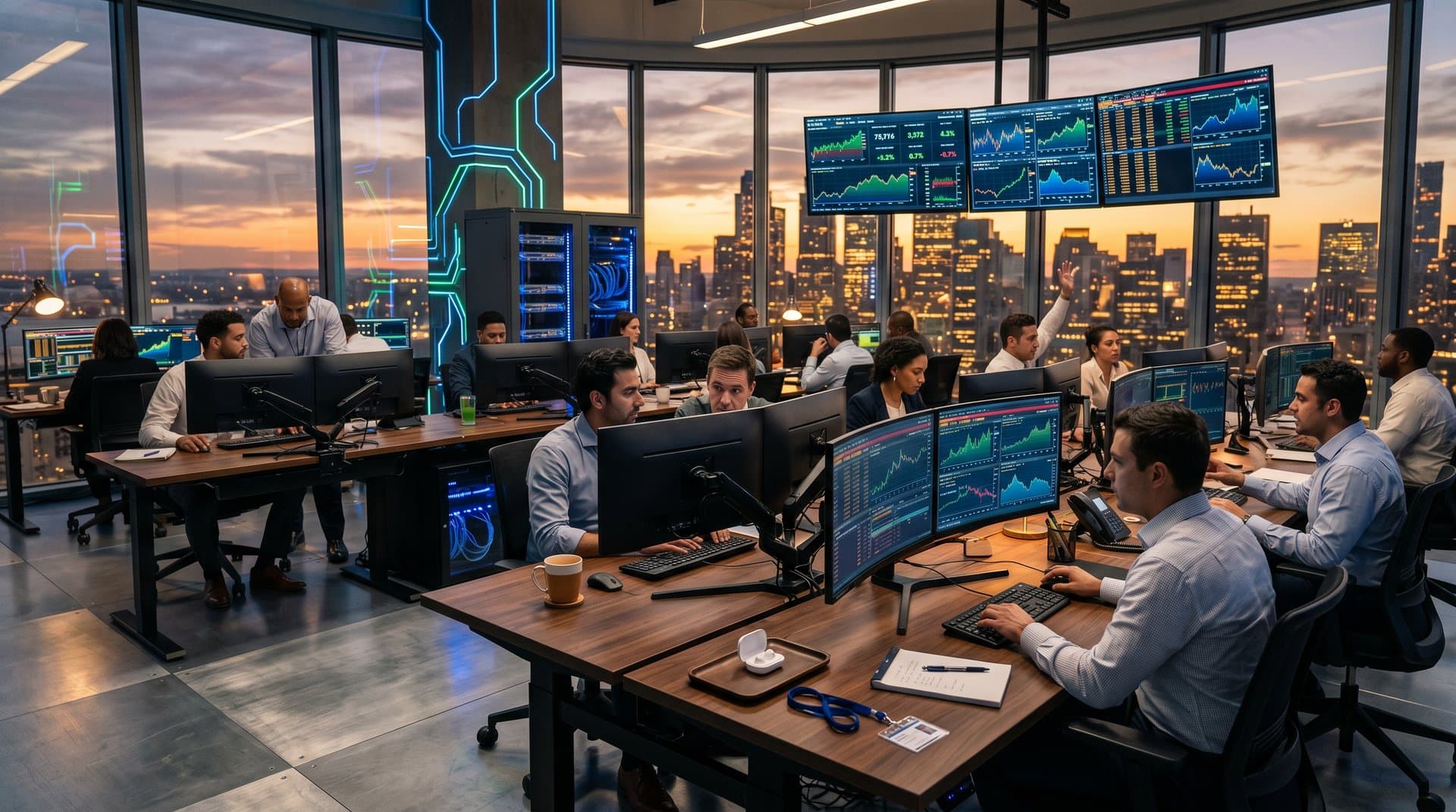 Modern trading floor with monitors showing BTC $75,916 charts and Fear & Greed Index 26