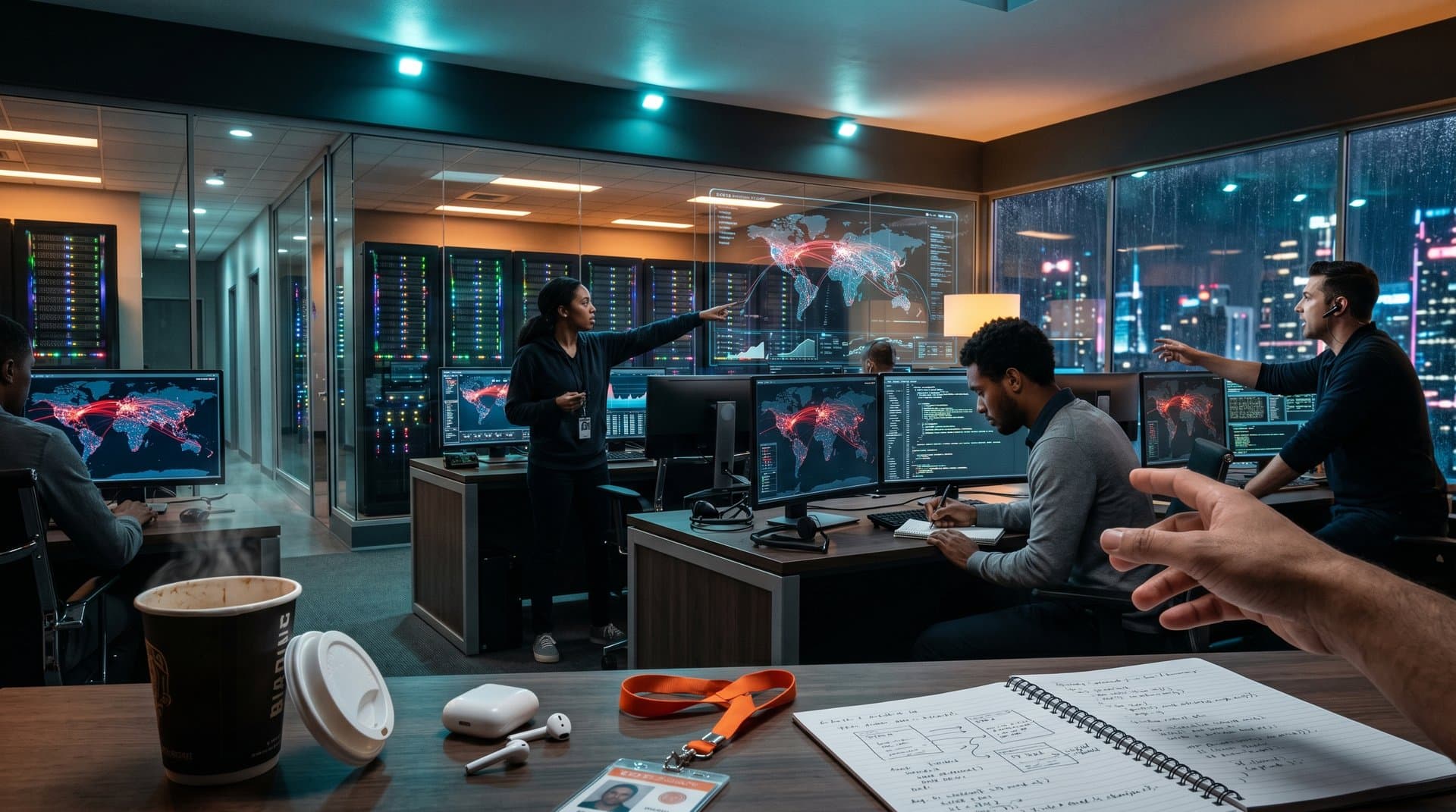 OpenAI cybersecurity command center with AI threat maps and data visualizations in high-tech operations hub