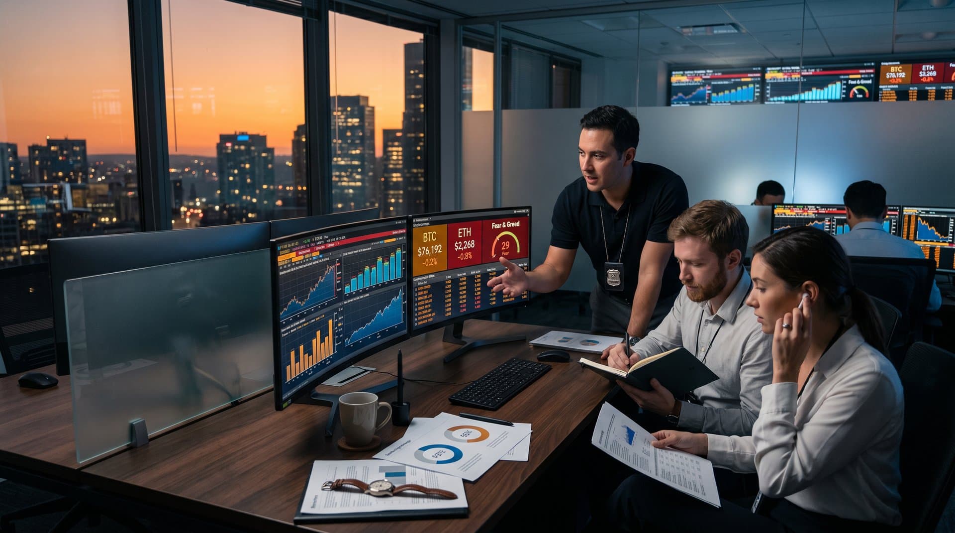Trading screens display Amazon Q1 earnings beat charts and crypto tickers with BTC at $76K amid AWS AI growth data