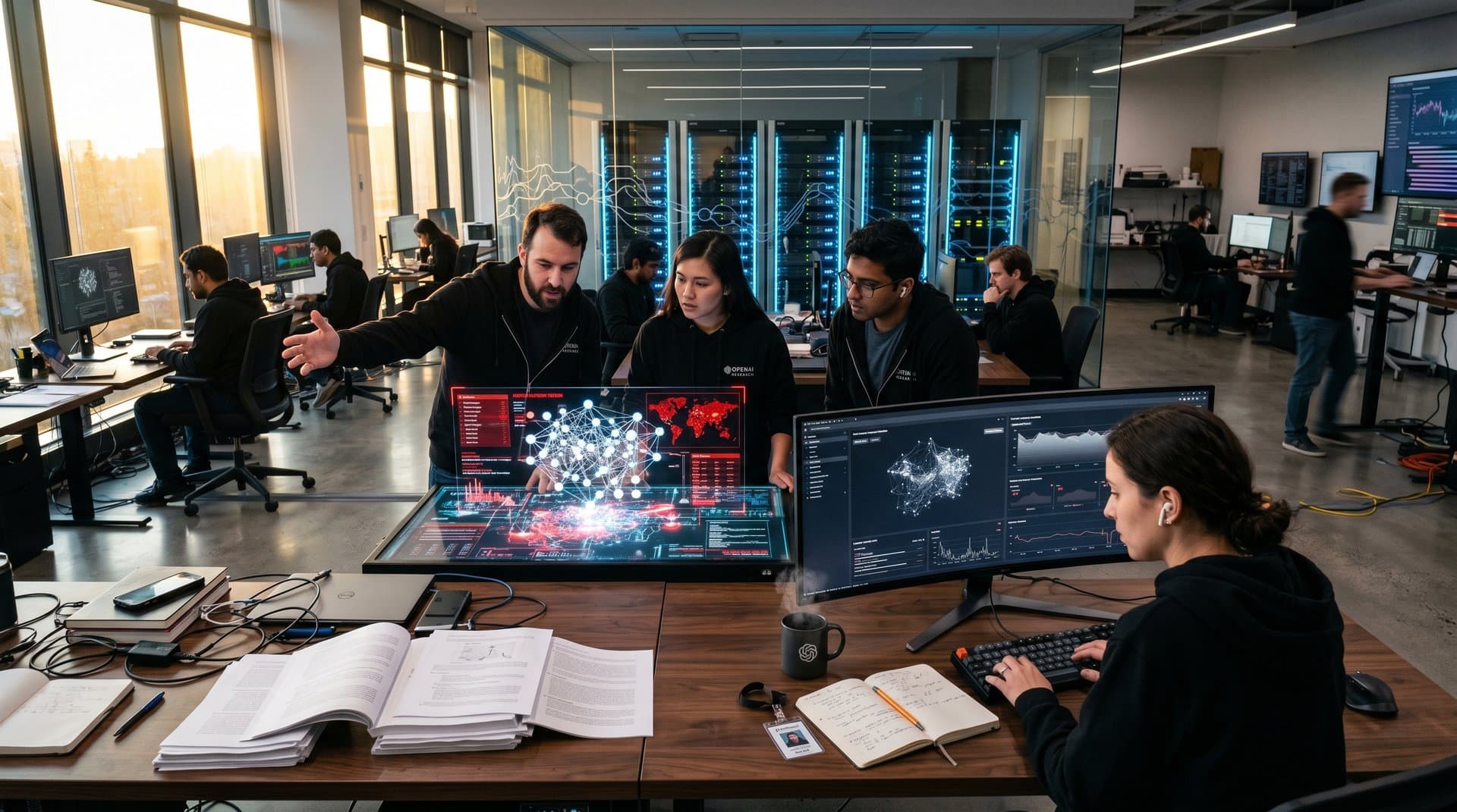 OpenAI lab with AGI neural networks and cybersecurity dashboards on glowing screens amid server racks and tech elements