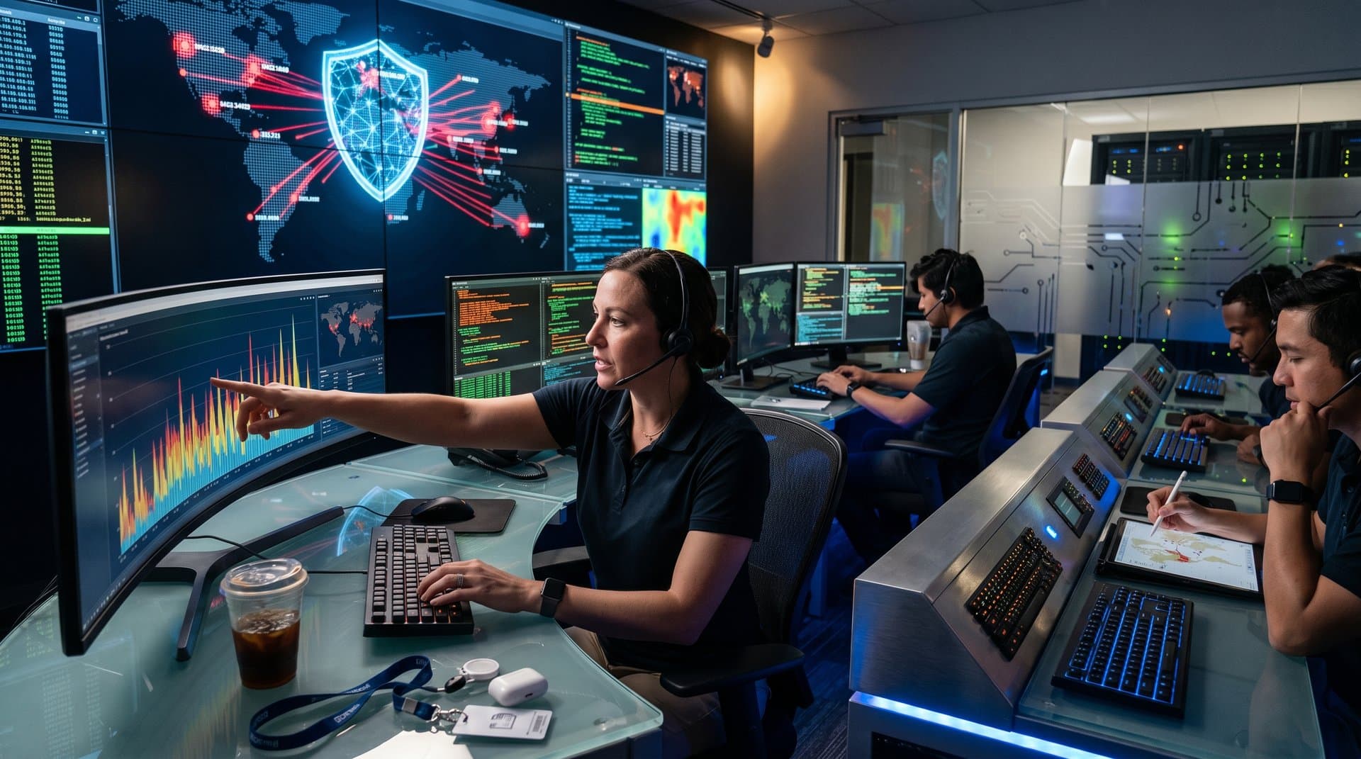 Futuristic cybersecurity command center displaying AI shields against super-hacker attacks on global infrastructure maps and threat dashboards