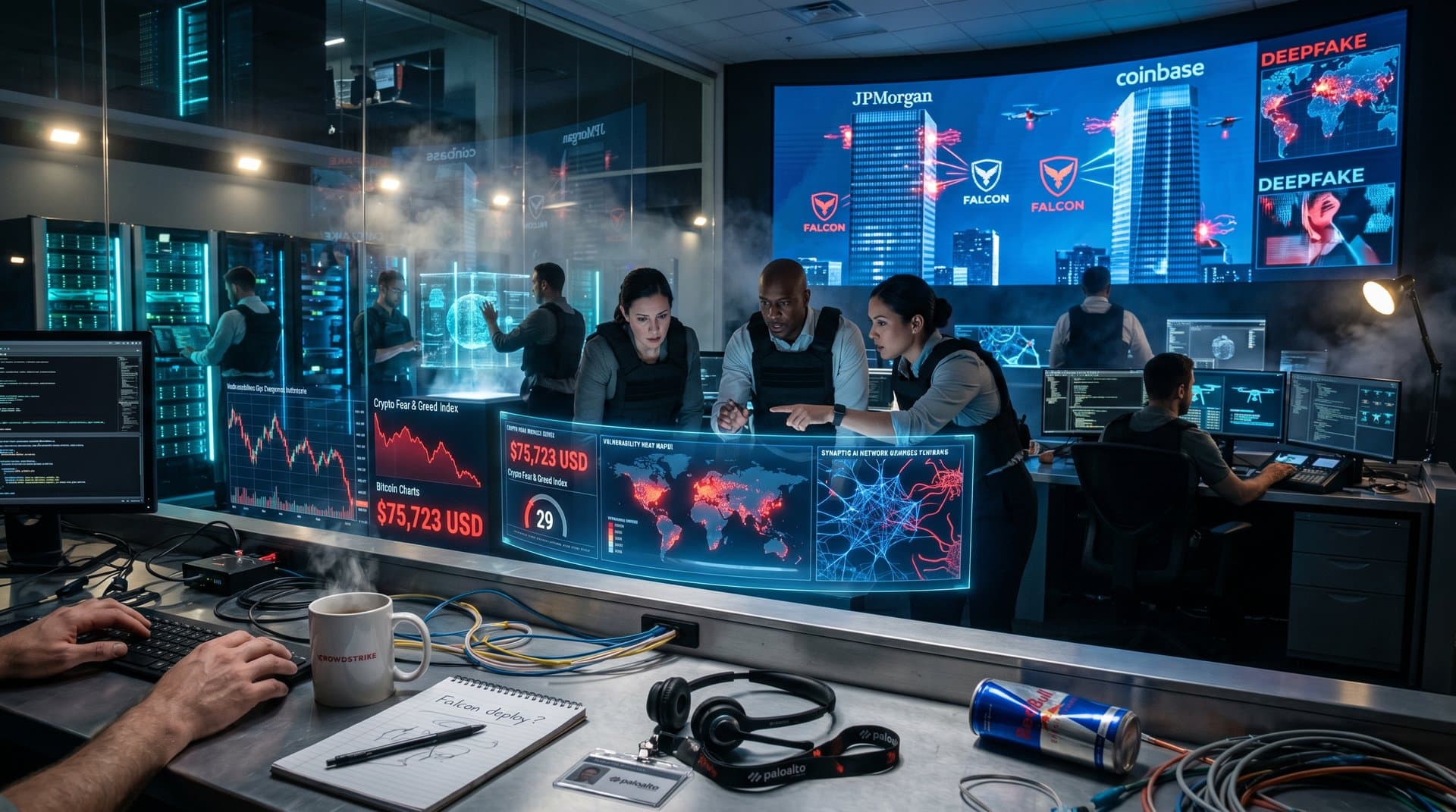 Abstract clash of AI neural networks and cyber threats over finance charts and security dashboards