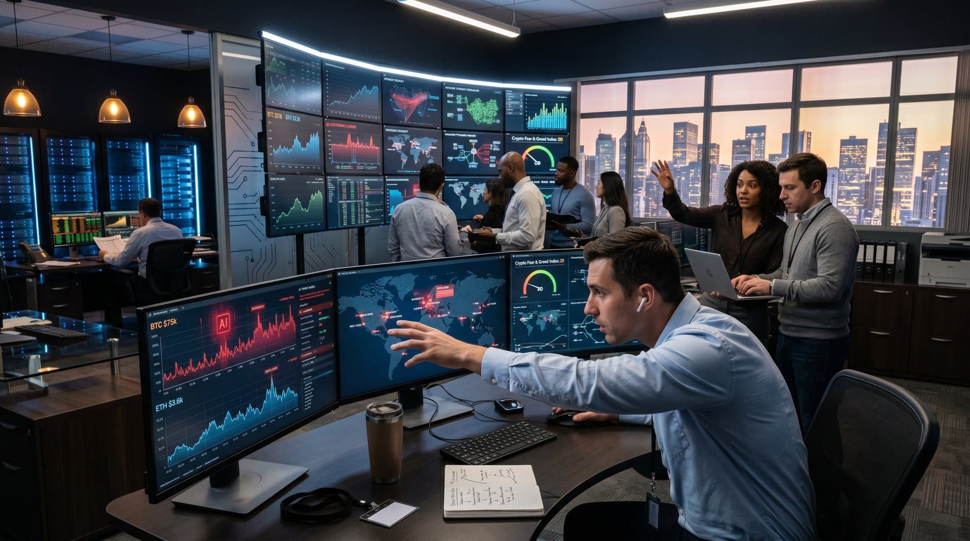 Cybersecurity command center screens show AI-driven threats on blockchain and crypto charts with Fear Index at 29