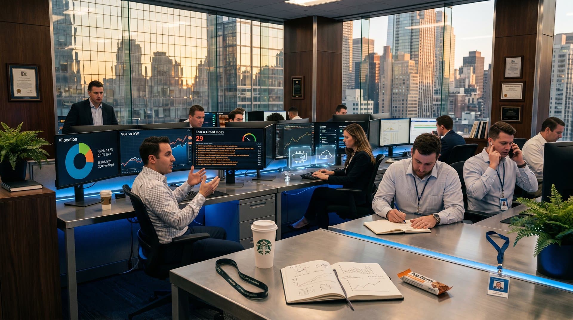 Traders compare VGT vs IYW AI ETF charts on monitors amid Fear & Greed 29 volatility