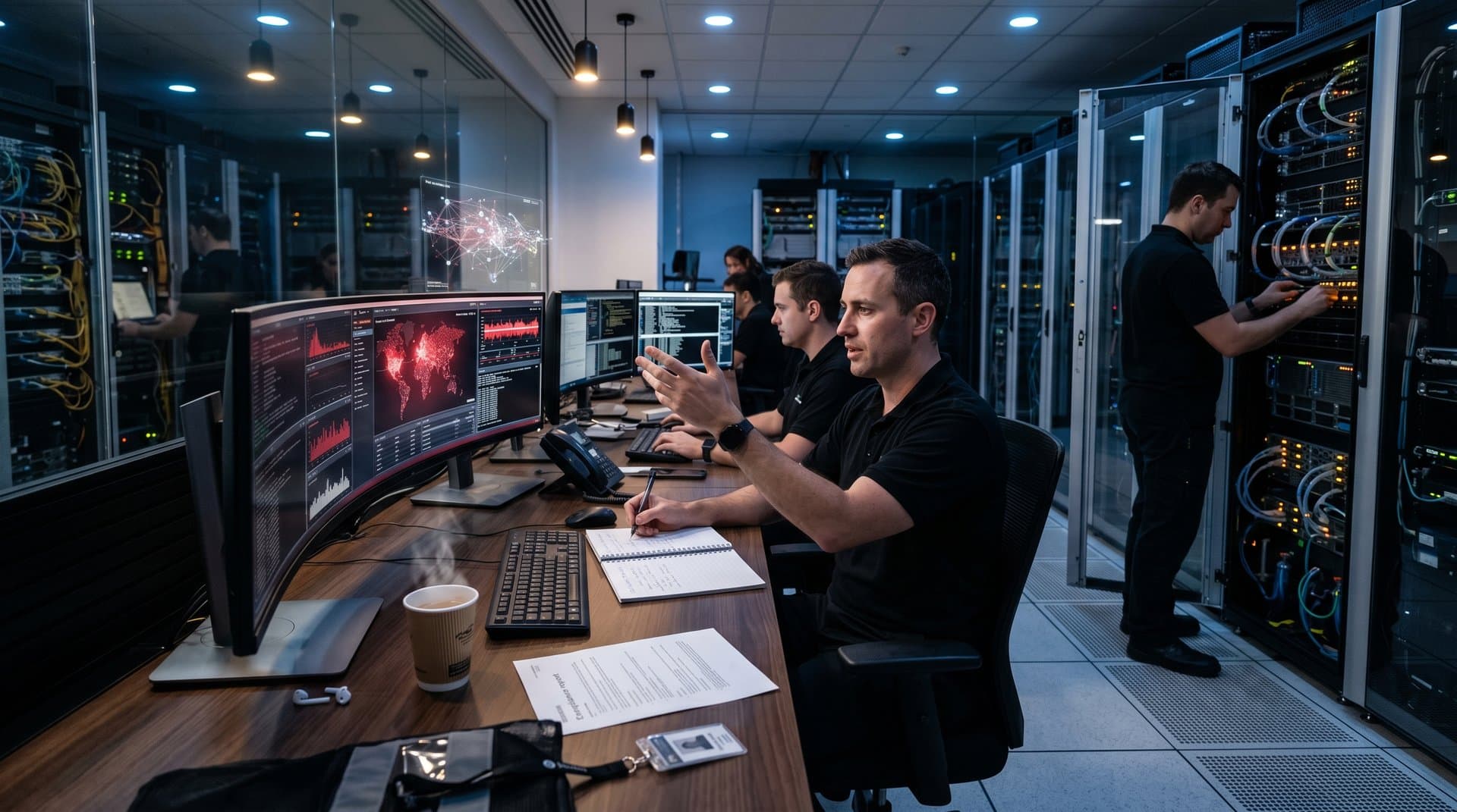Cybersecurity team monitors frontier AI threat maps in Australian bank data center with server racks and crypto price displays