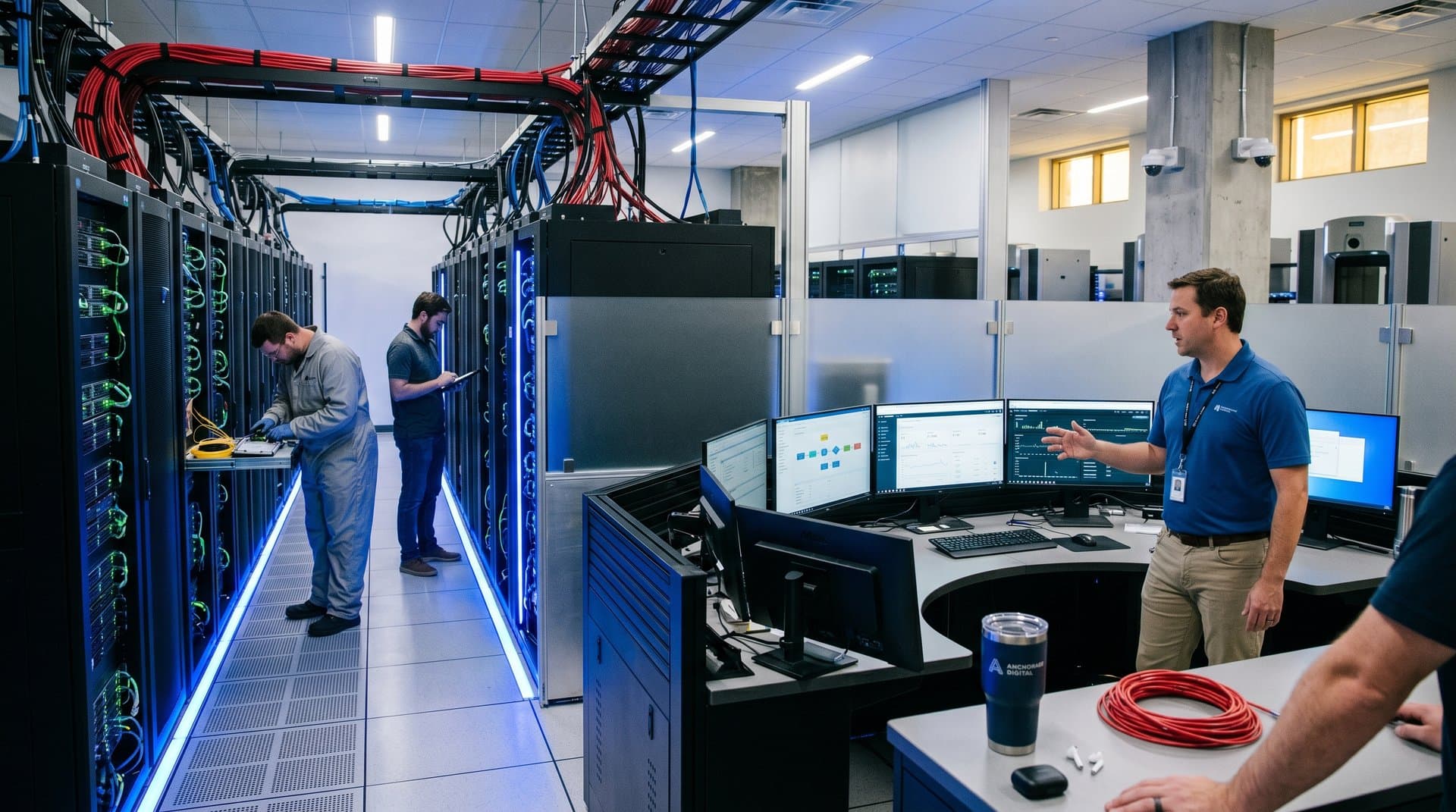 Engineer monitors blockchain nodes on multi-screens in secure Tier IV data center with server racks, cooling tiles, and glowing status lights
