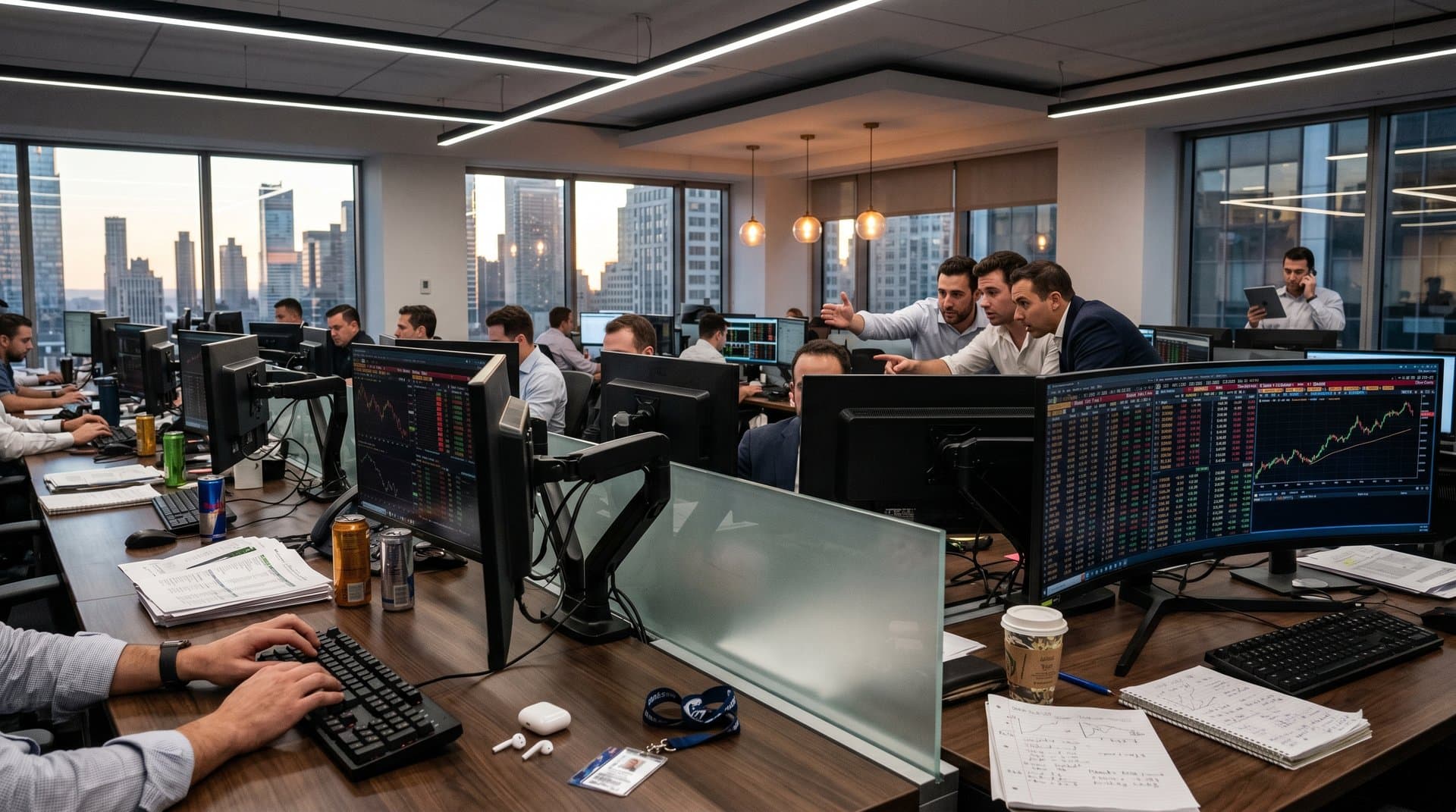 Trading floor monitors showing cryptocurrency stocks like WBT up amid BTC volatility with skyline view