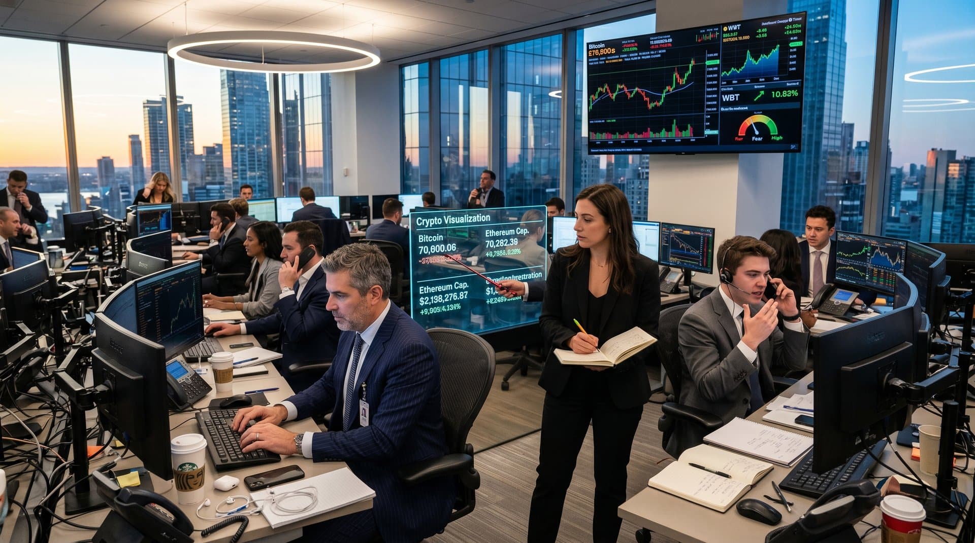 Traders at Bloomberg terminals monitor crypto dips and WBT cryptocurrency stock surge amid multi-screen market data displays