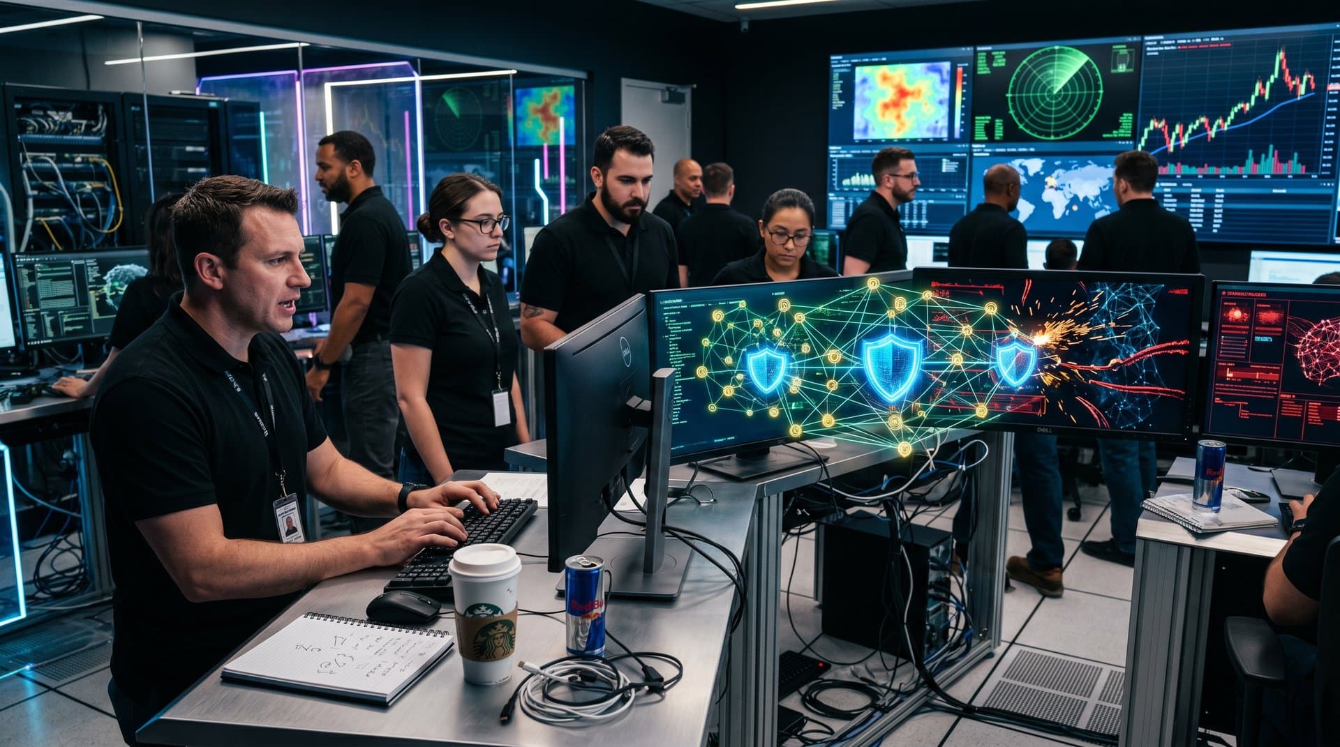 Holographic cyber shields defend blockchain network from AI hacker threats with crypto charts overlay