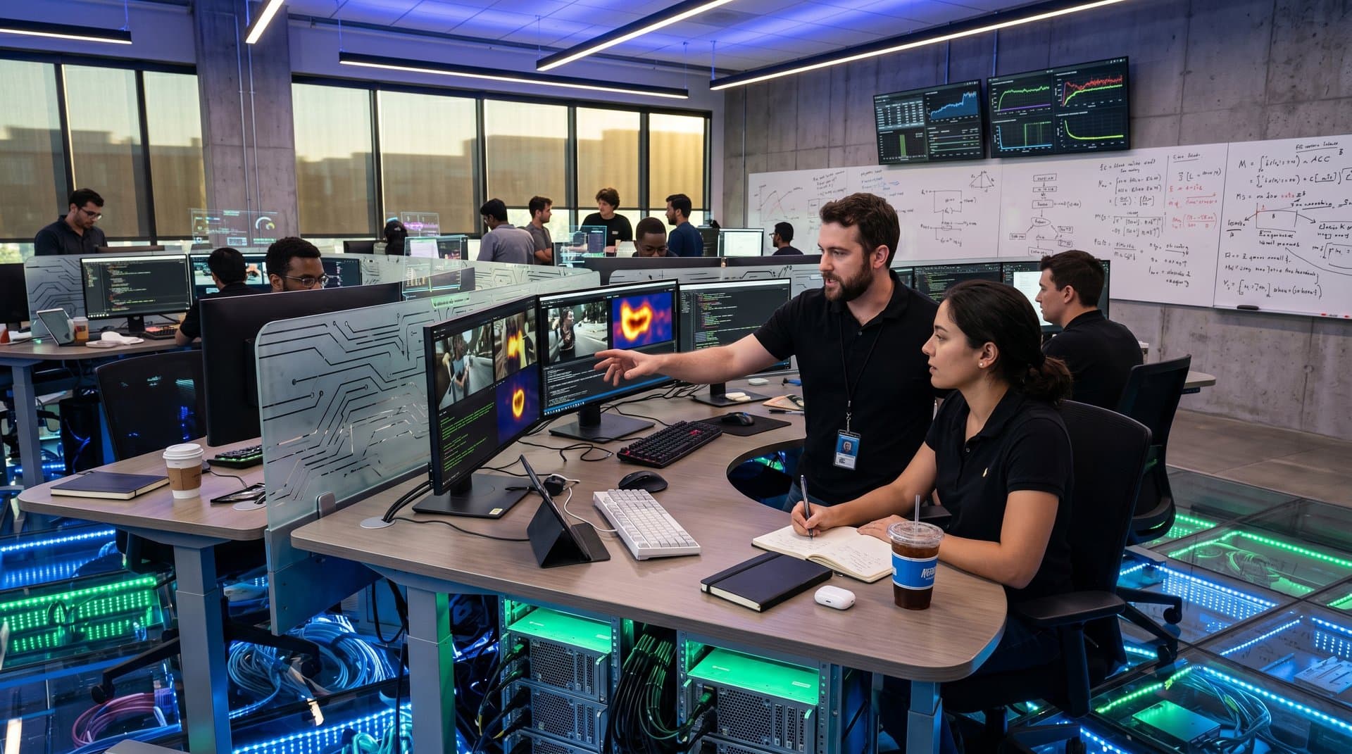 High-tech AI lab with monitors showing generative videos, neural maps, and glowing servers in modern workspace