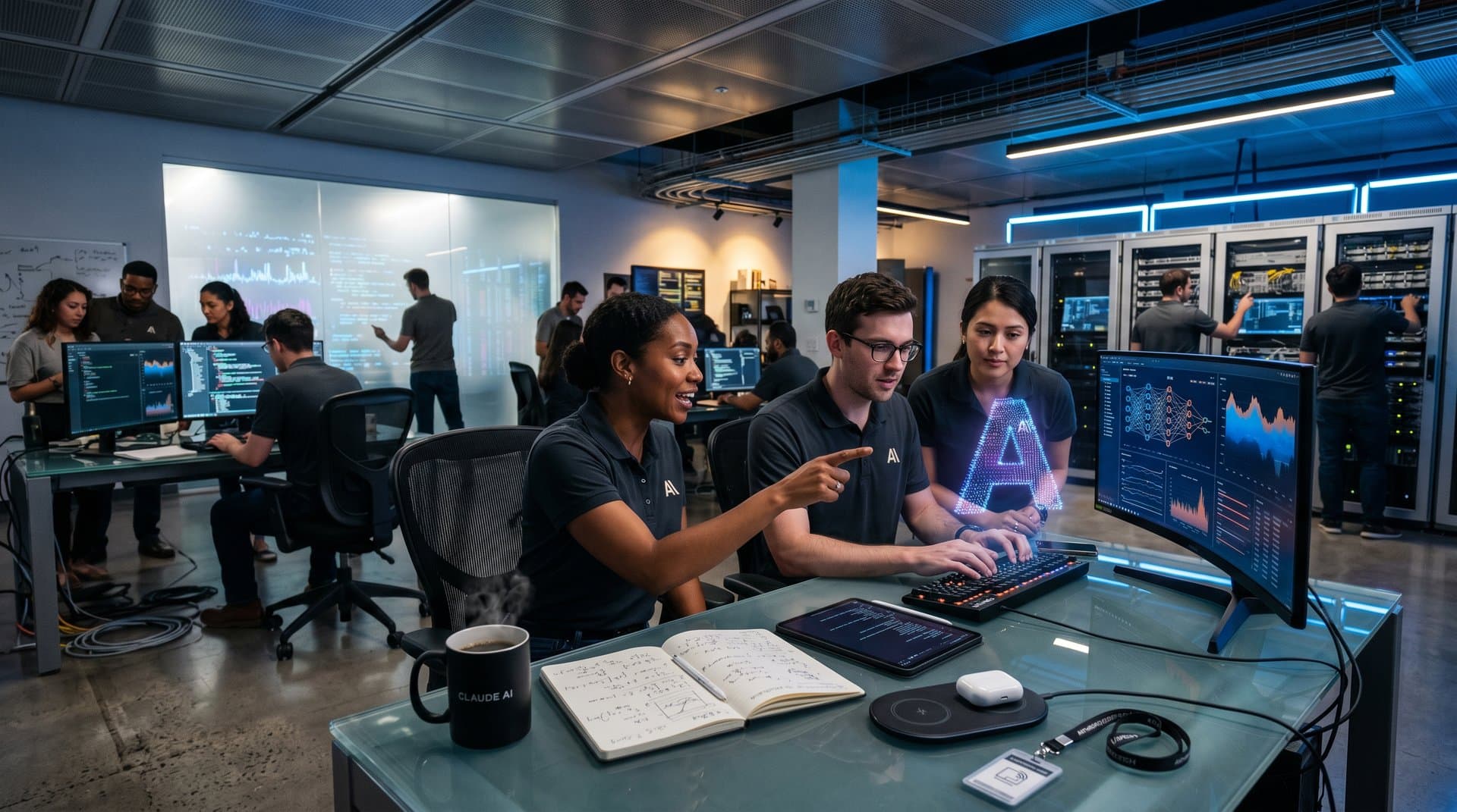 Futuristic AI lab with monitors showing neural networks and Claude interfaces, glass walls and blue lighting