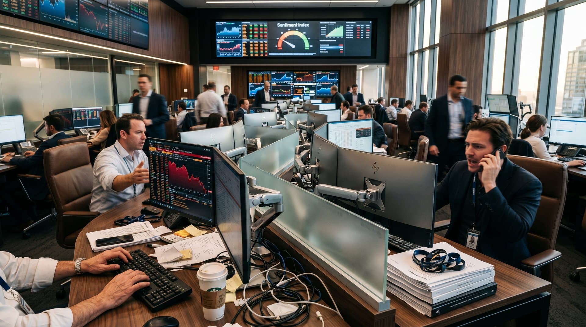 Trading floor screens showing Bitcoin at $76K, Fear Index at 29, and volatility charts in finance environment