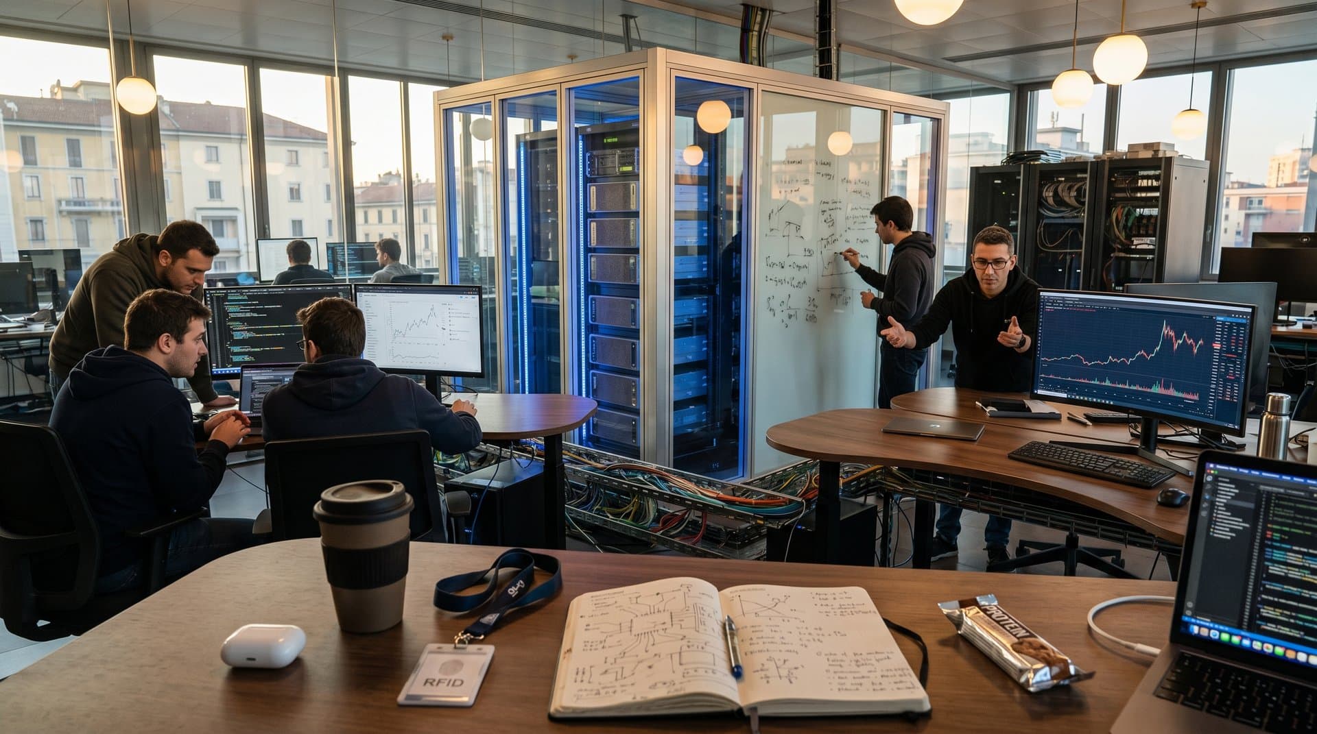 Modern Milan AI-blockchain lab with servers, code screens, crypto charts at $76K BTC, and risk graphs amid innovative setup