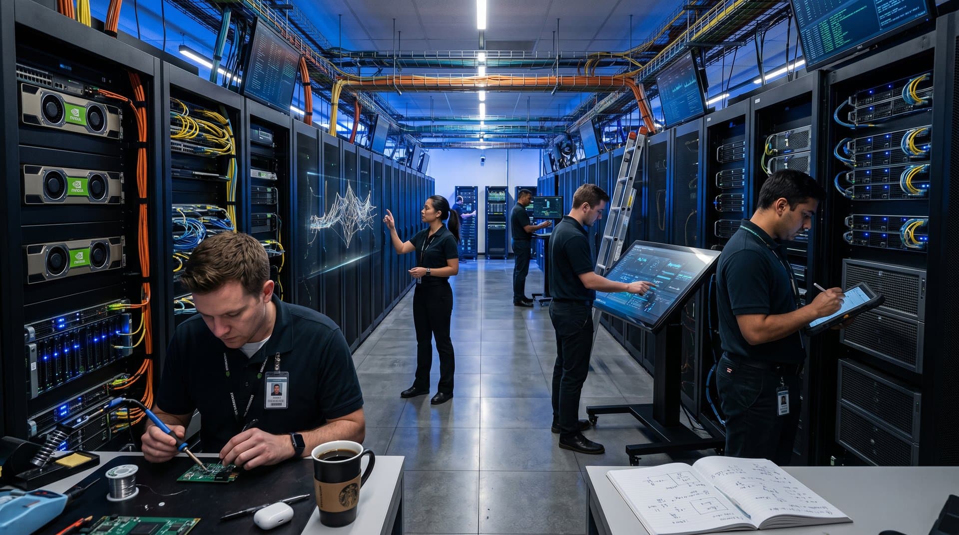 Futuristic data center with NVIDIA GPUs, server racks, fiber optics, and AI neural network holograms