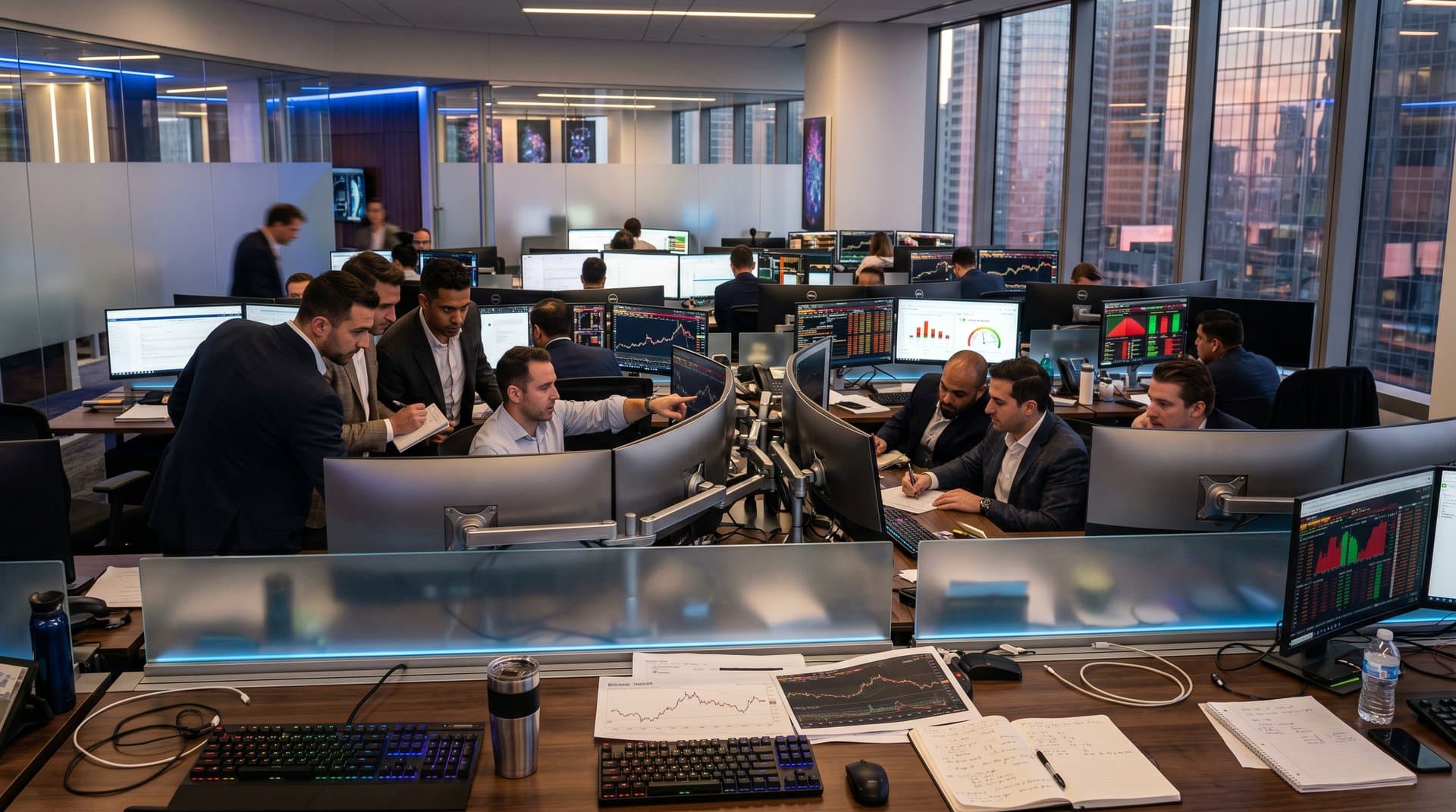 Trading desks with screens showing Bitcoin charts at $76,633, Fear & Greed Index, and market data in professional office