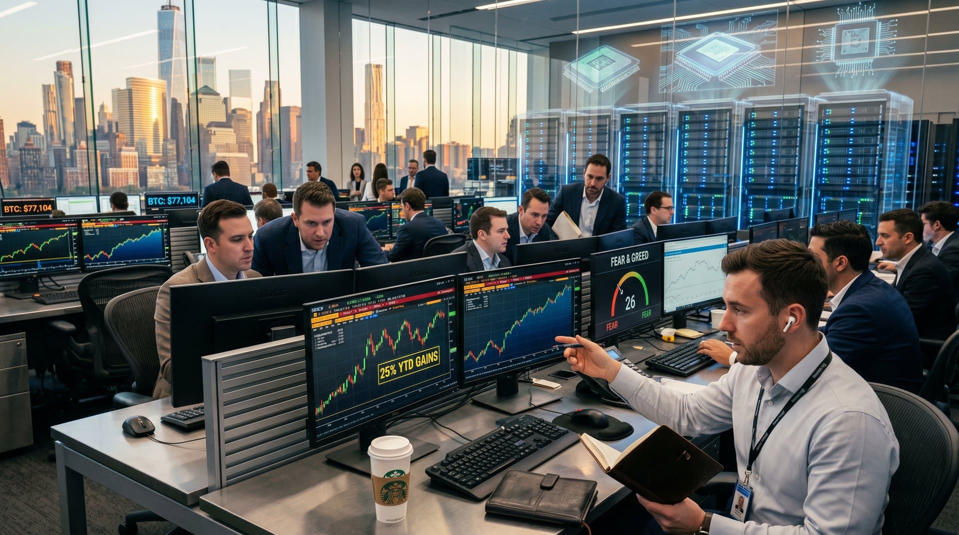 Trading screens display SOXX vs IYW charts and AI ETF data on busy financial floor