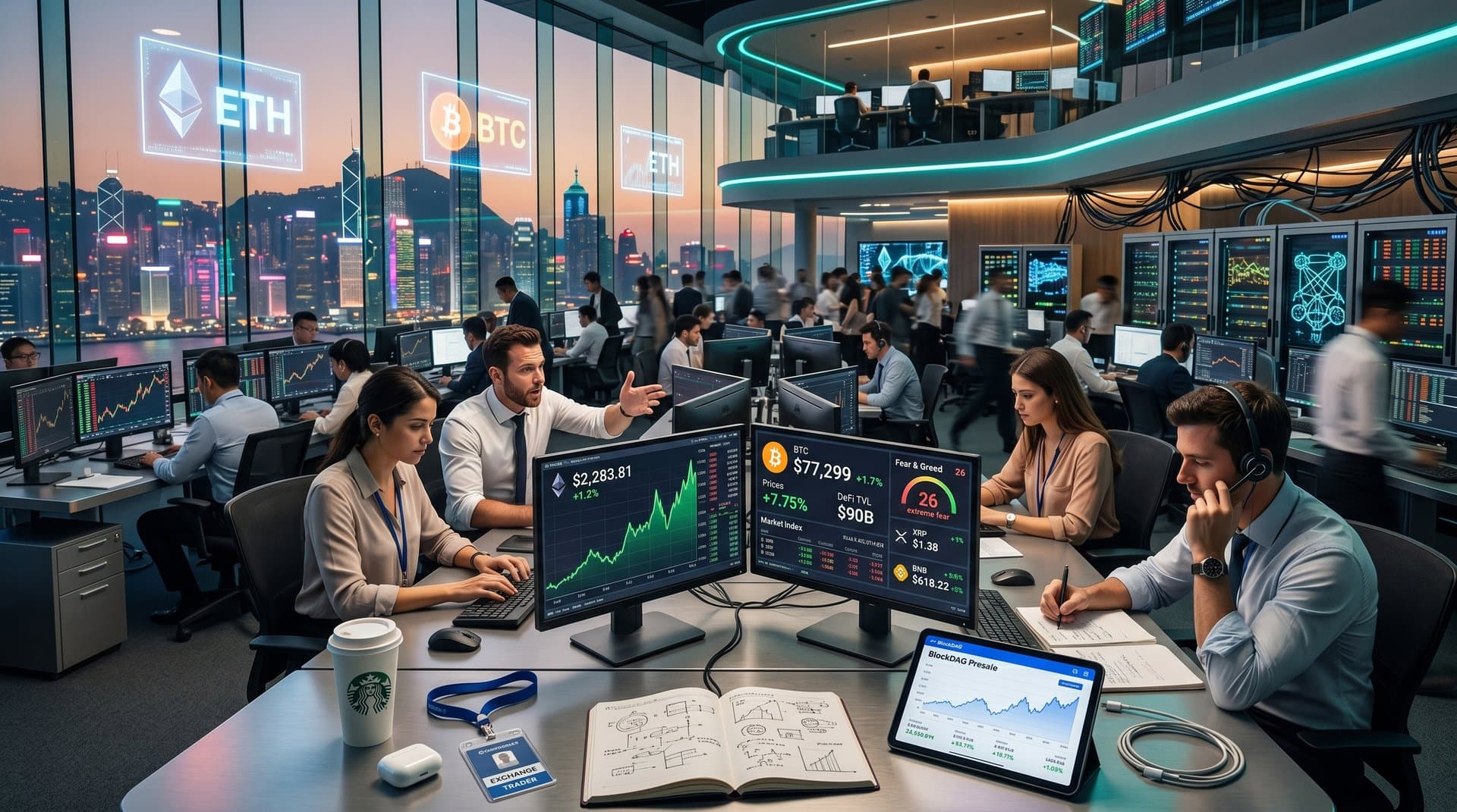 Trading desks with monitors showing DeFi United recovery charts, ETH at $2,283.81, BTC prices, Fear & Greed at 26, and crypto tickers