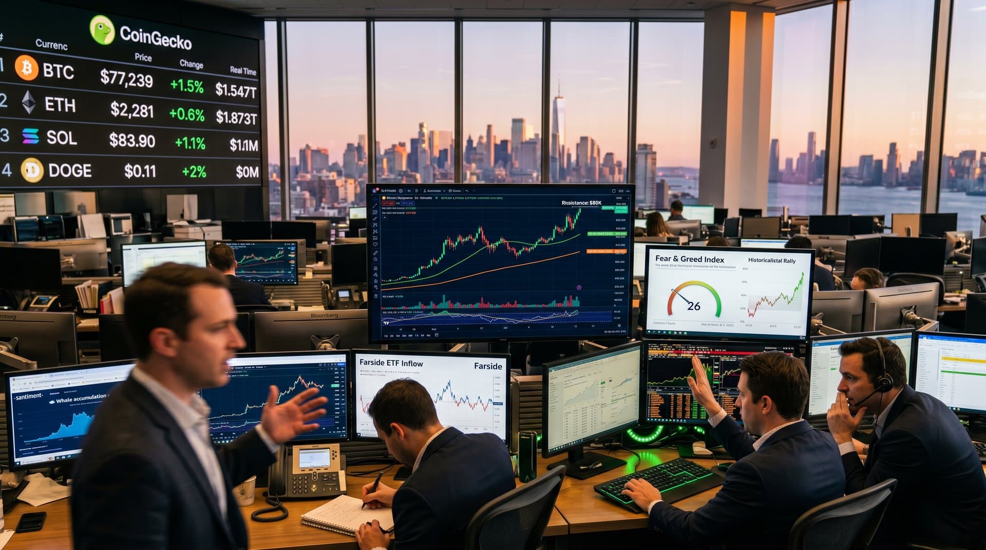 Trading screens showing Bitcoin price prediction charts at $77K with Fear & Greed Index and market data