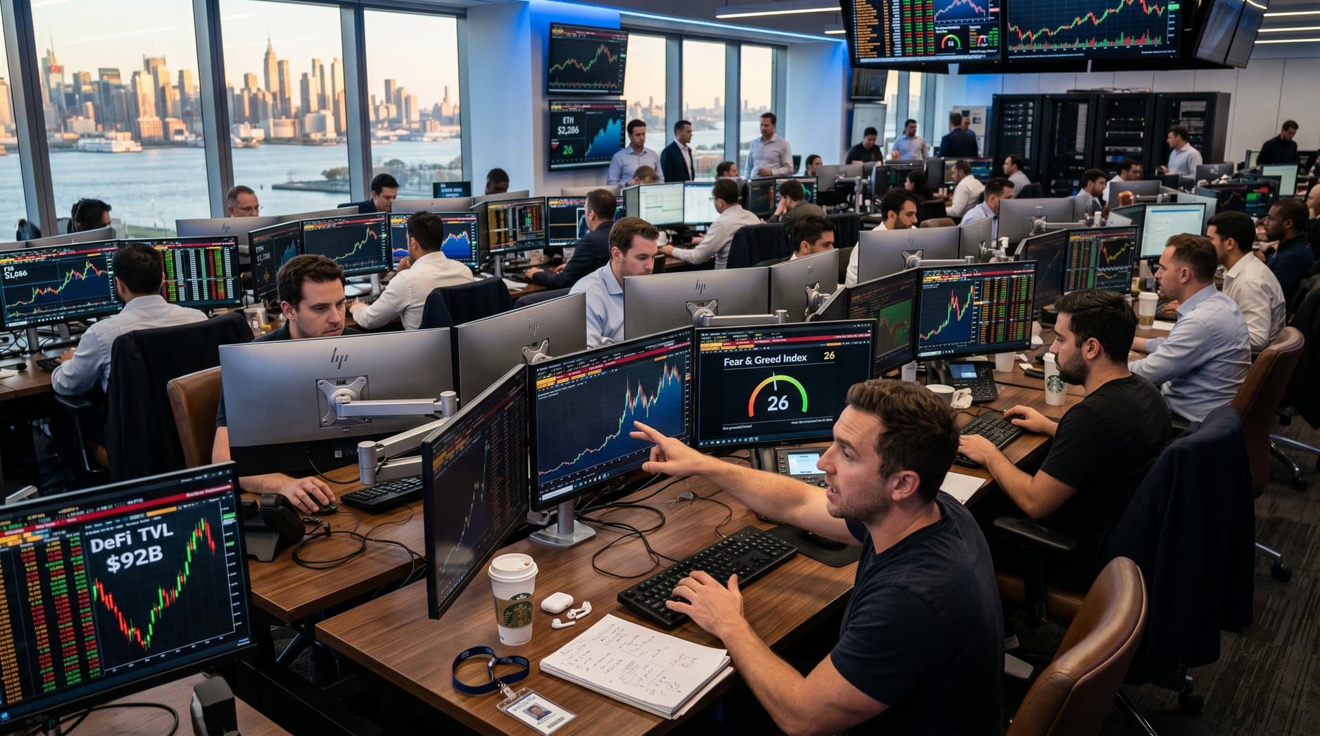 Crypto trading desks with Bloomberg terminals showing ETH $2,286, BTC $77K, DeFi TVL charts in modern office