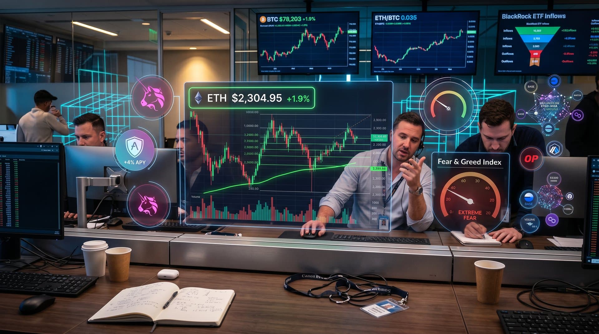 Holographic Ethereum price charts at $2,304.95 above support, Fear & Greed at 26, DeFi metrics glowing in neon financial visualization