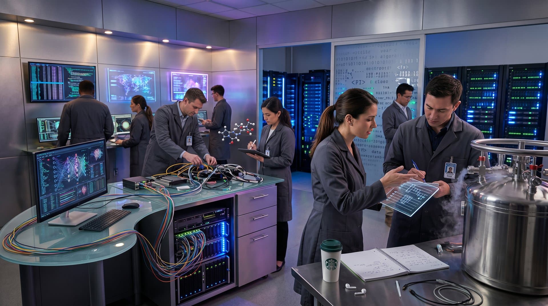 Quantum AI lab with holographic qubit simulations, cryogenic processors, and data streams in futuristic workspace