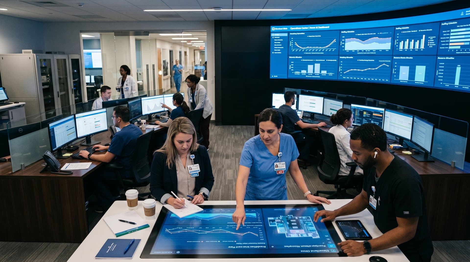 Hospital operations center with AI dashboards optimizing staffing and patient flow at Cleveland Clinic
