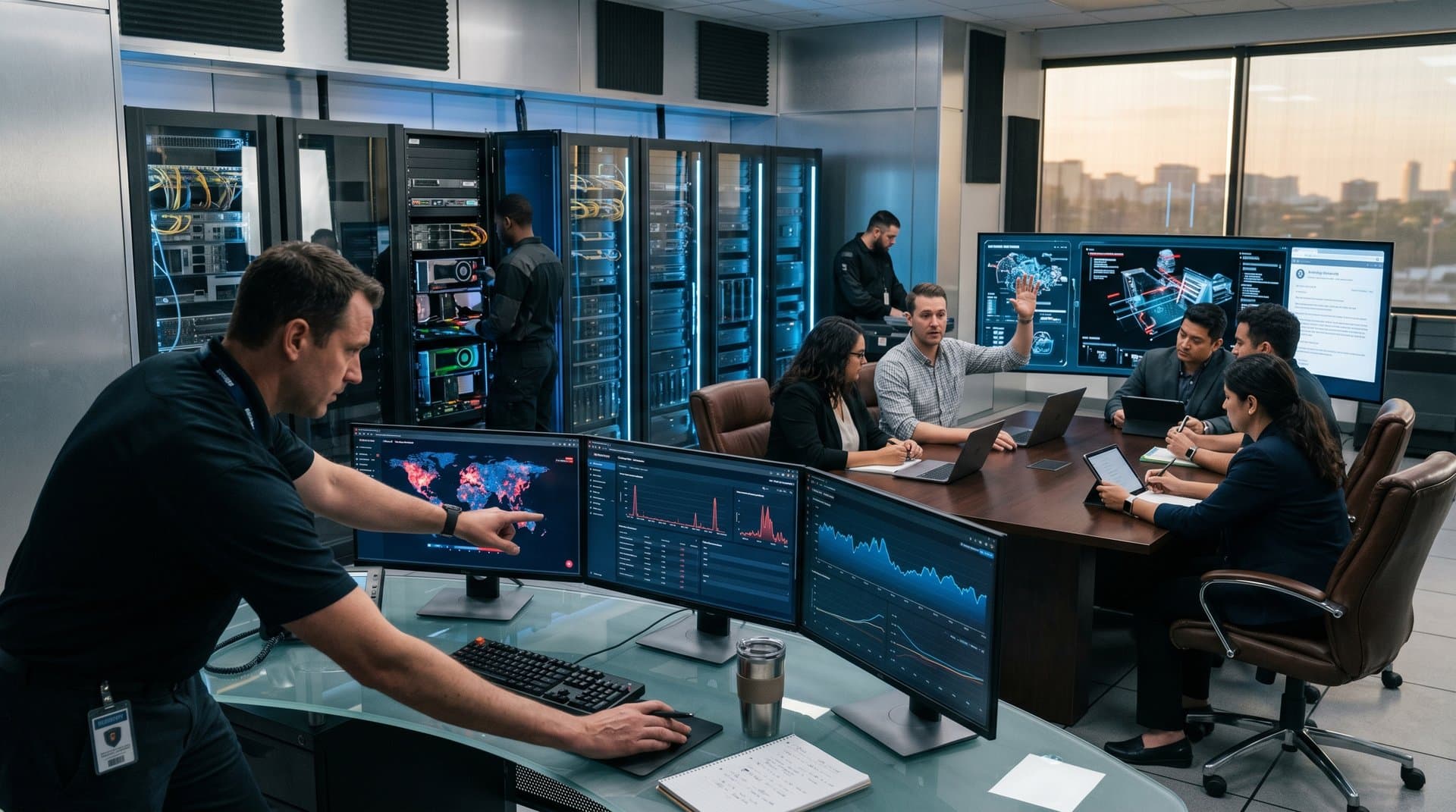 Big Tech cybersecurity ops center with AI dashboards, server racks, and holographic threat maps