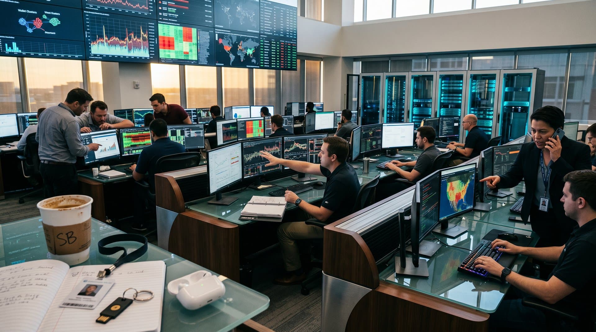 Cybersecurity team monitors blockchain threats in high-tech operations center with multi-monitors, server racks, and data visualizations