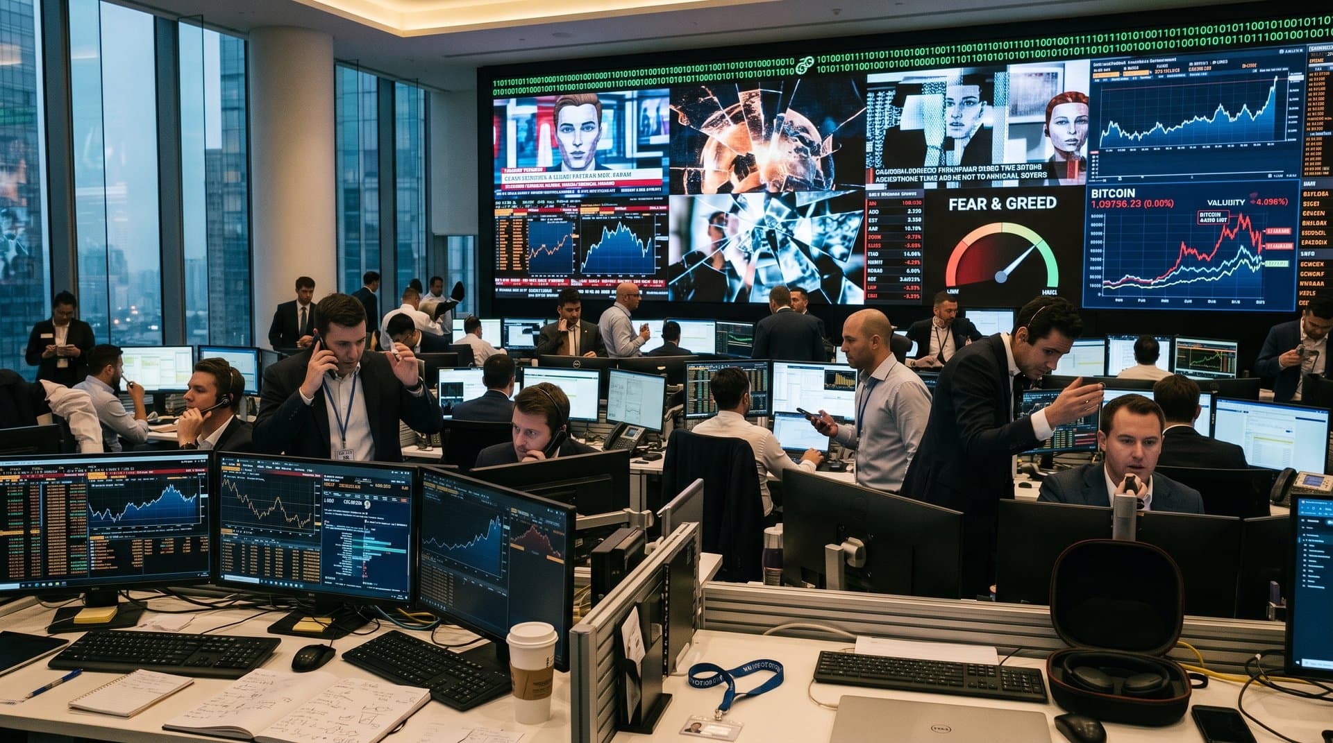 Cracked trust shield under AI deepfakes, blockchain repairs, crypto charts in cyberpunk style