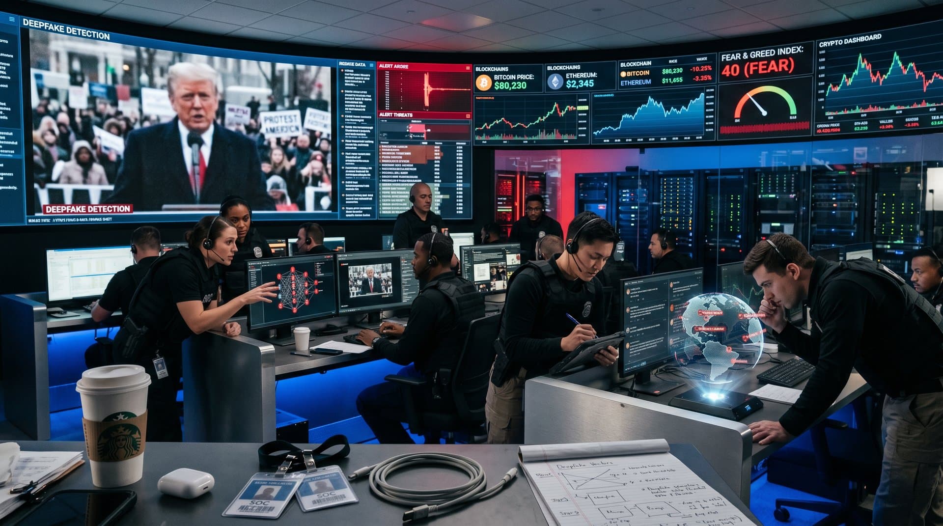 Cybersecurity ops center screens show AI deepfakes vs blockchain verification with crypto prices and Fear Index amid global democracy alerts
