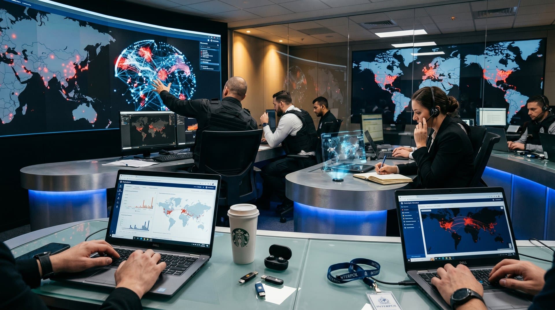 Cybersecurity analysts monitor blockchain dashboards and global scam network maps in a high-tech command center
