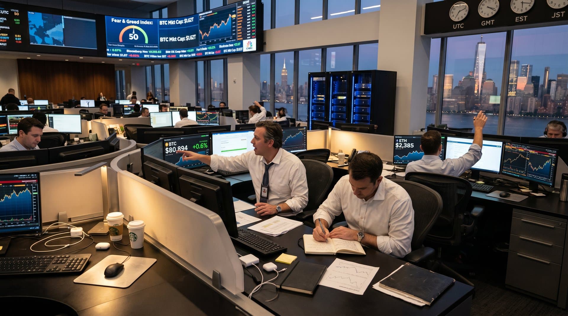 Dynamic New York trading floor with Bloomberg terminals displaying BTC at $80k, NY AG crypto lending settlement news, and market data against Manhattan skyline at dusk