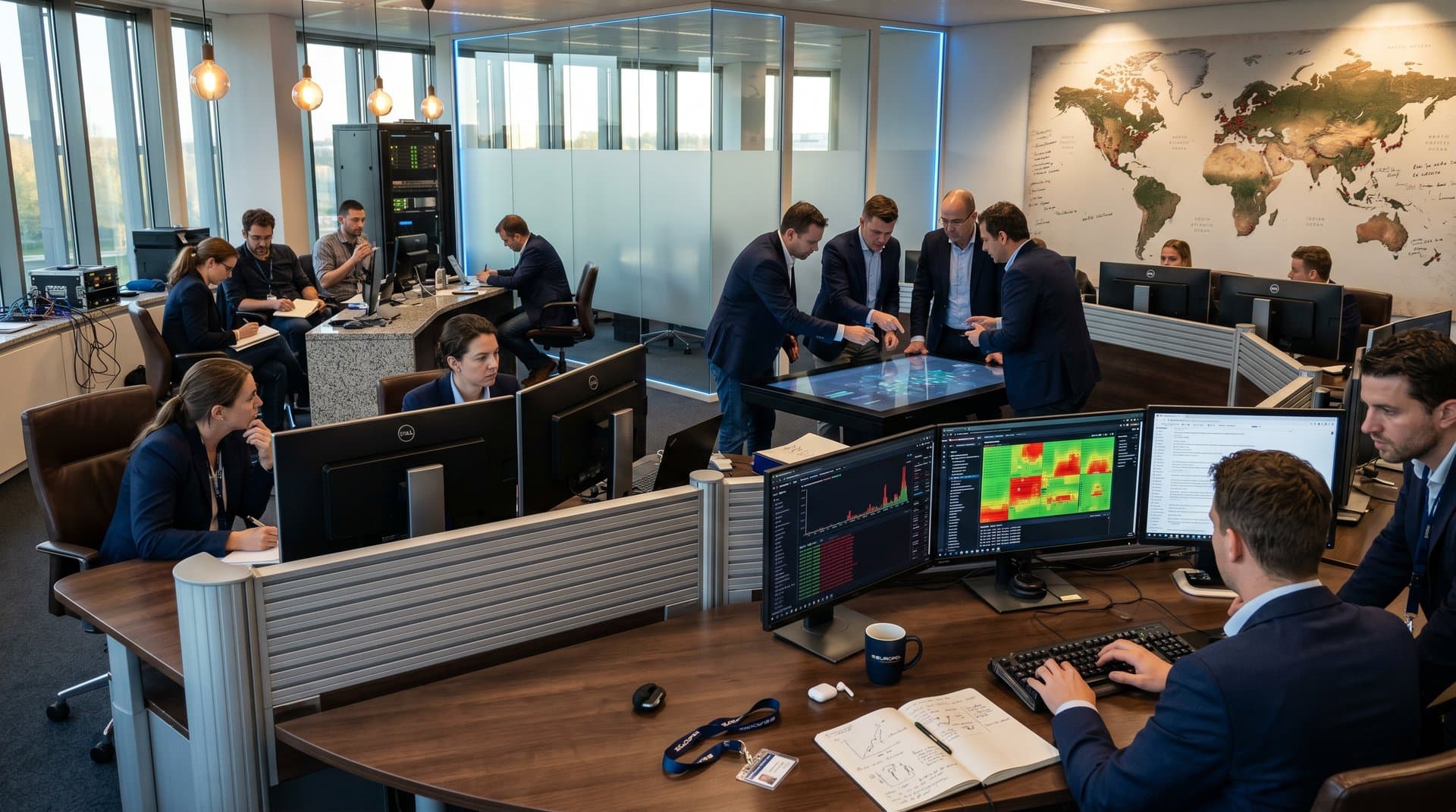Europol cybercrime room with analysts monitoring blockchain graphs on multi-monitors amid global crypto crackdown operations