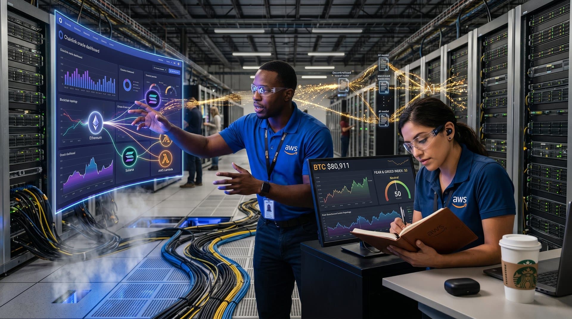 AWS data center with blockchain oracle dashboards on monitors amid server racks and cooling systems