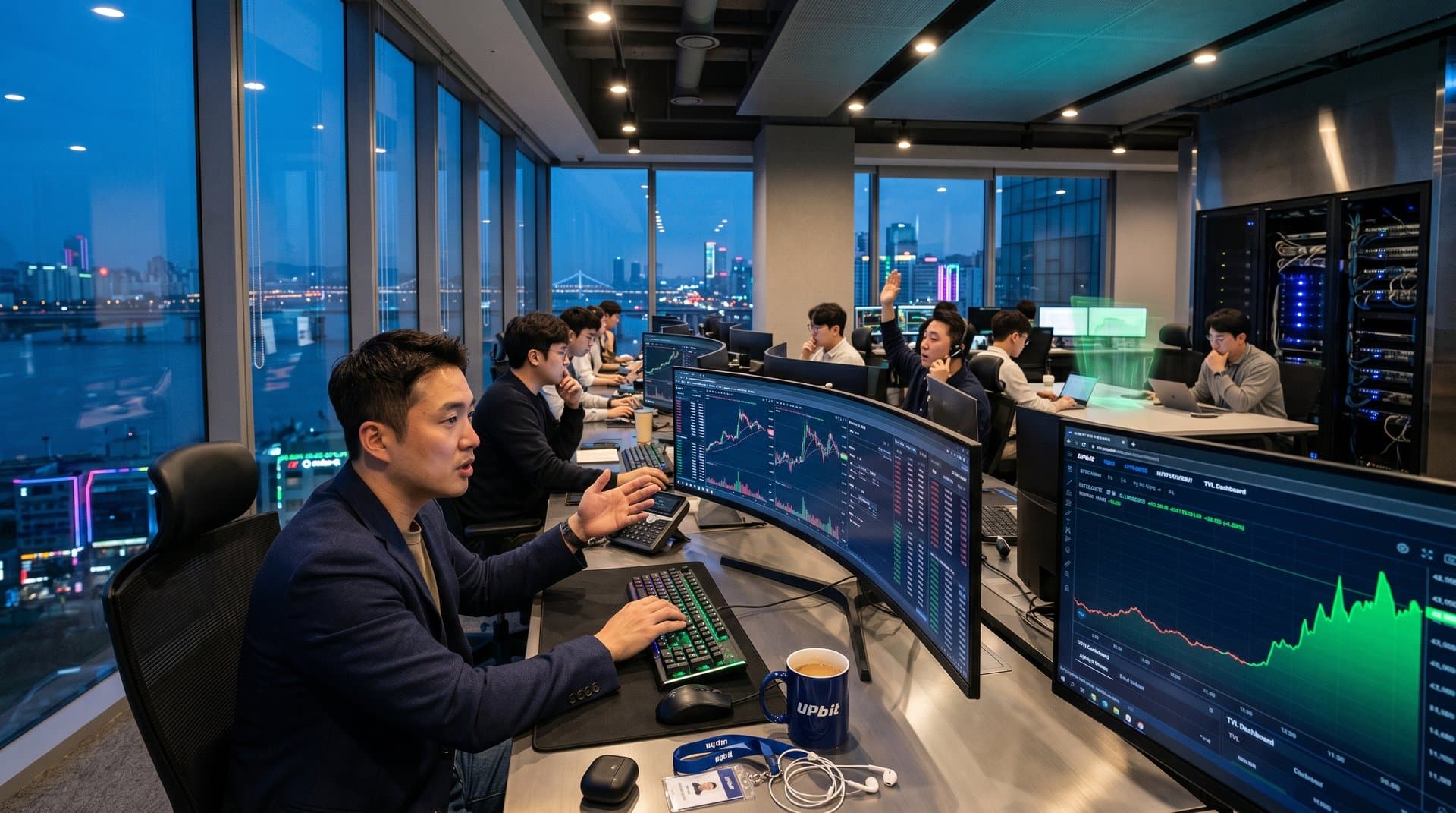 Upbit Seoul ops center with HYPE trading charts, DeFi dashboards, city skyline
