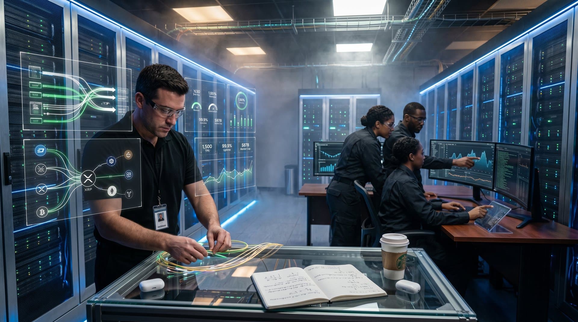 Engineer monitors XRP data transparency metrics on holographic displays in advanced server facility