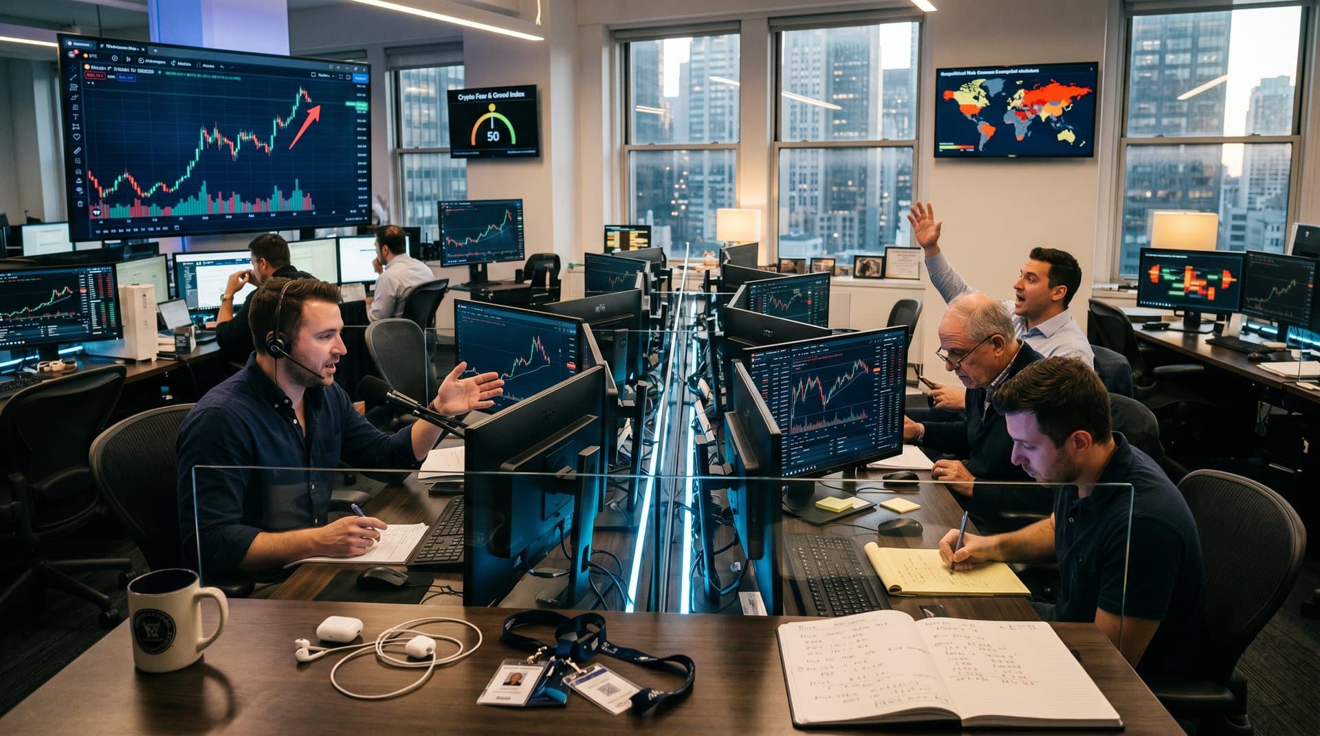 Crypto trading floor screens showing Coinbase Q2 outlook, BTC $81K, Fear & Greed 50, geopolitical maps, and market charts in modern office