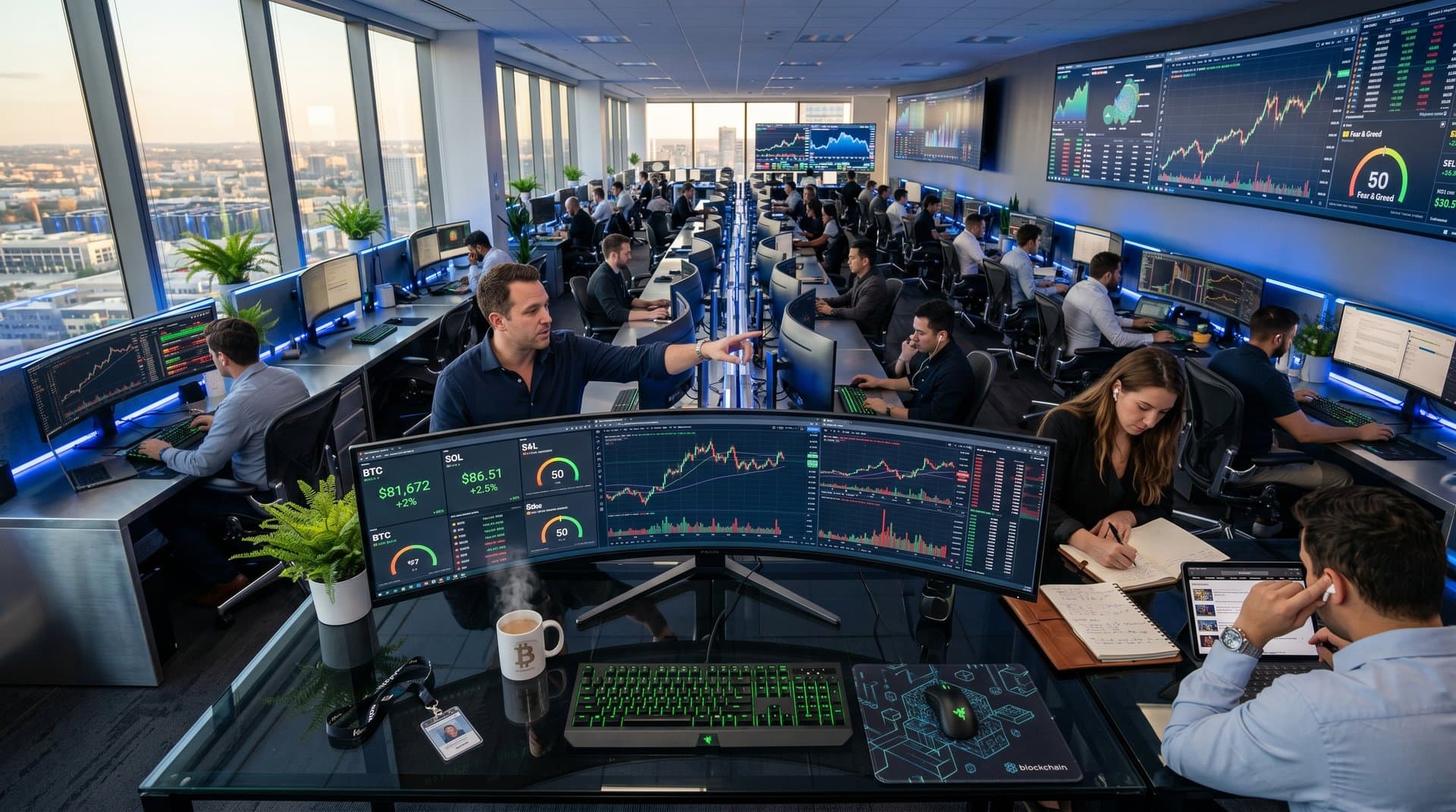 Traders analyzing cryptocurrency charts including Bitcoin and Solana on multi-monitor setups in a modern trading environment