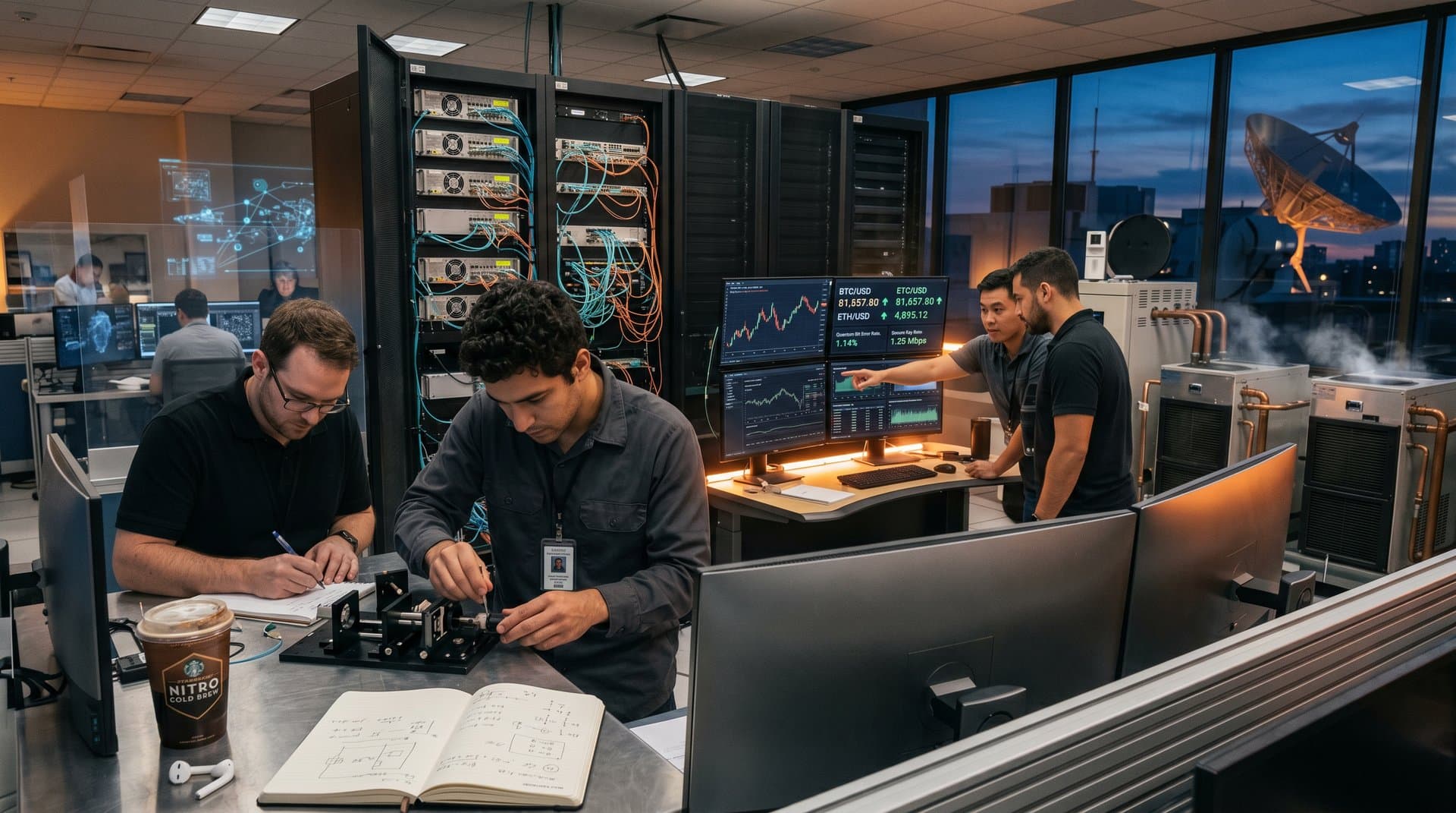 Quantum Key Distribution hardware in data center with blockchain dashboards and glowing fiber optics