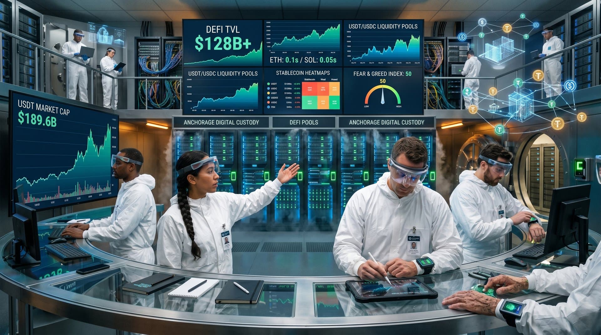 Engineers monitor blockchain servers and institutional stablecoin liquidity dashboards in secure data center