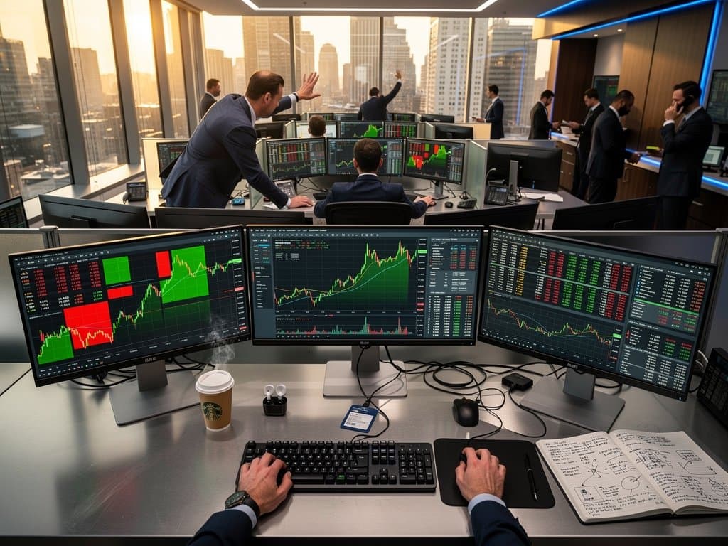 Traders on modern floor analyze XRP cryptocurrency stock charts amid multi-monitor setups and skyline view