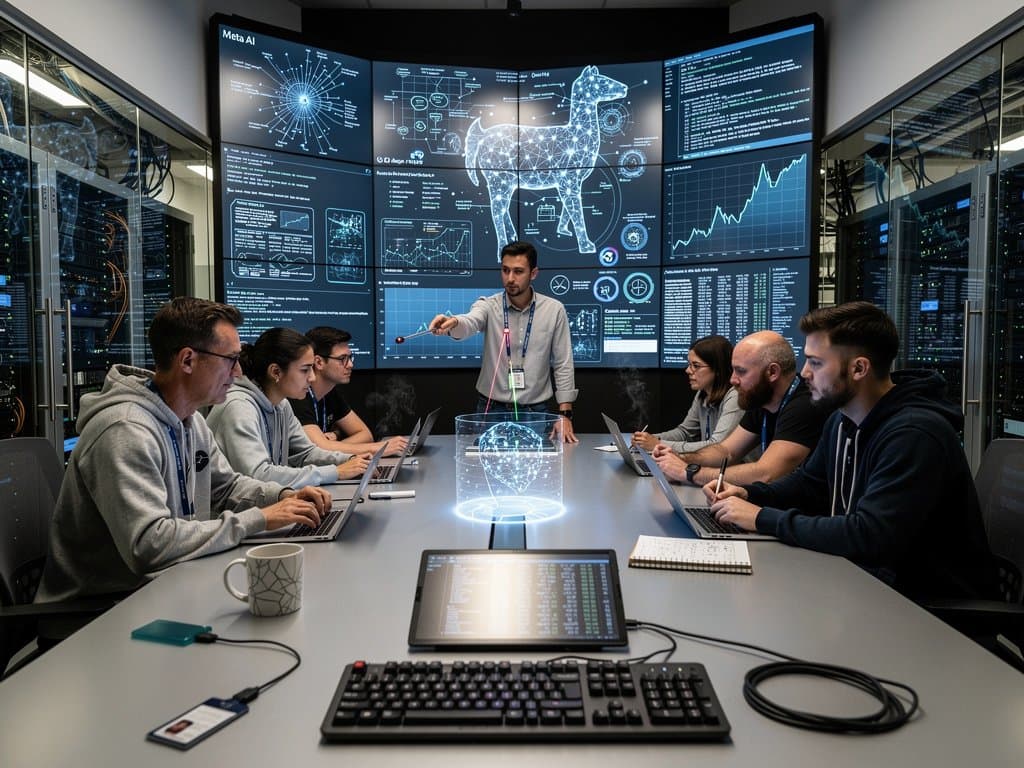 Meta AI lab team analyzes Llama models and blockchain charts on monitors amid server racks and tech setups