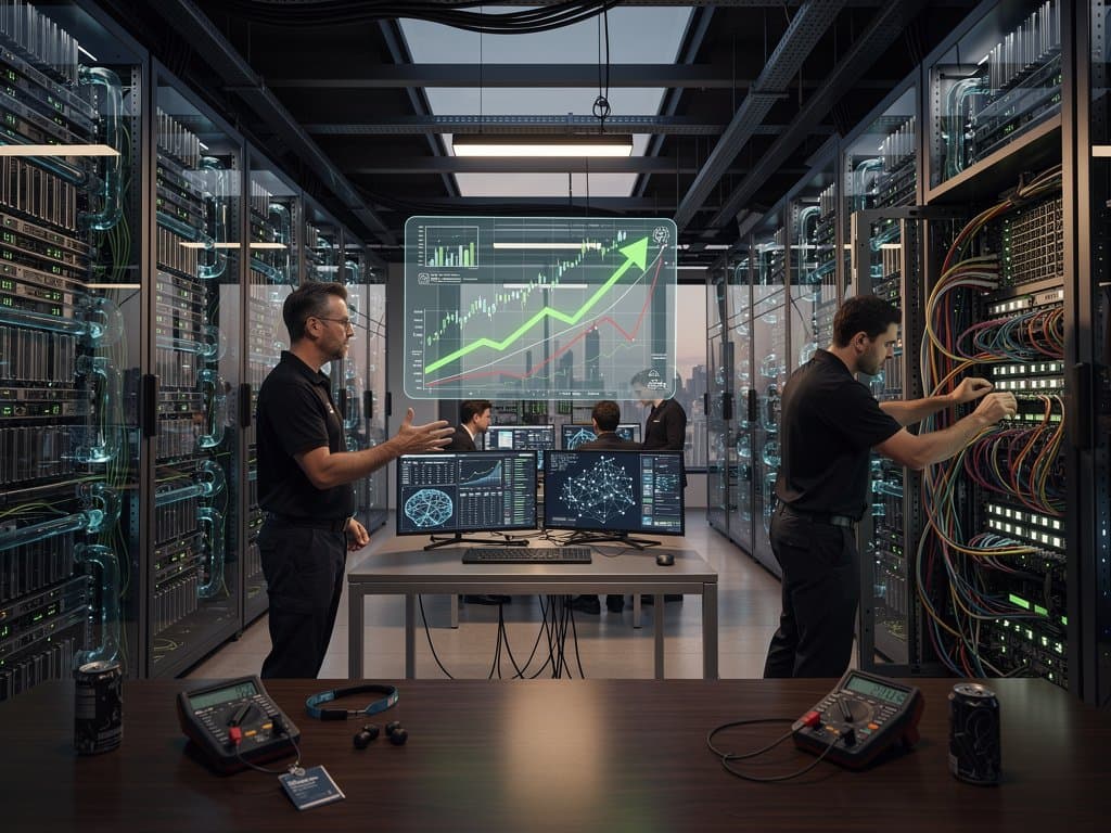 Glowing AI server racks in data center with holographic SMCI stock charts rising above Palantir and Micron trends