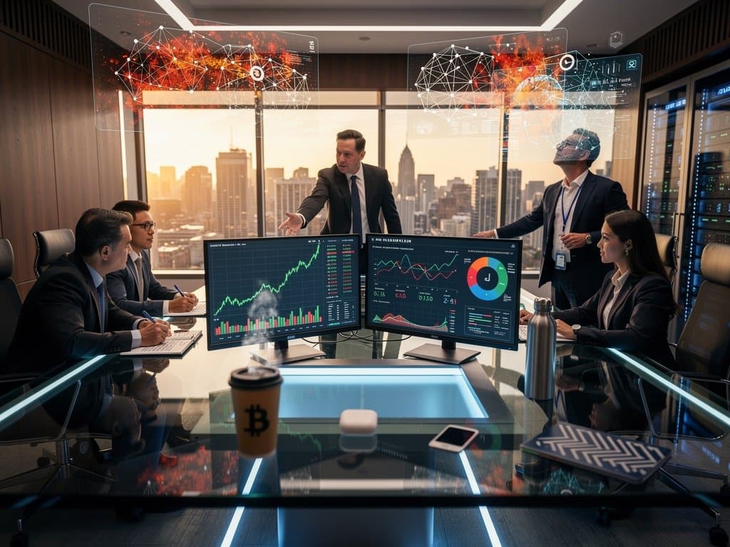 Dual screens show MicroStrategy BTC milestone charts and AI treasury metrics in modern boardroom with skyline