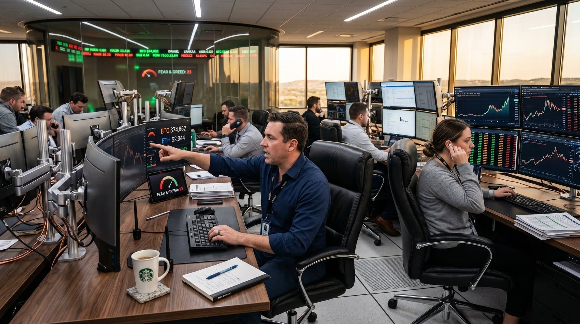 Brokers at Charles Schwab trading desks monitor crypto screens with BTC prices and volatility indicators amid multi-monitor setups