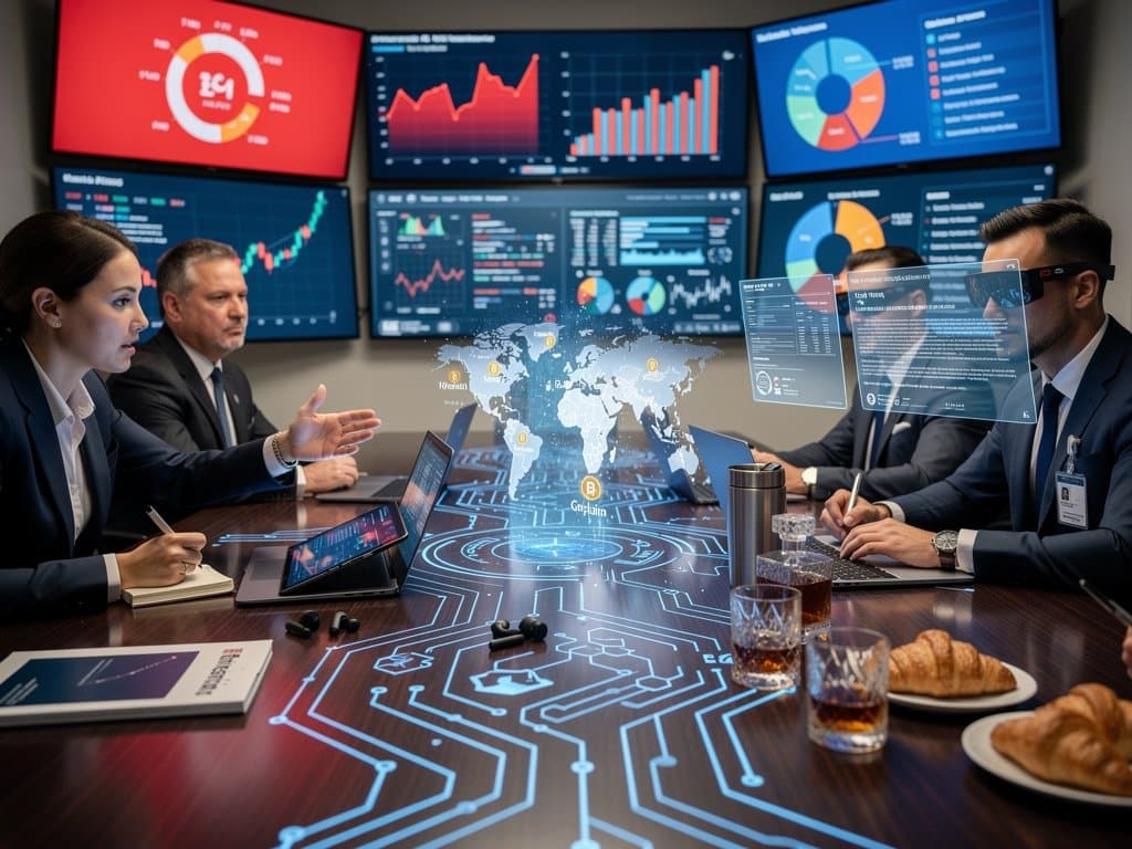 Abstract boardroom with blockchain charts, tax dashboards, and city skyline evoking crypto strategy session
