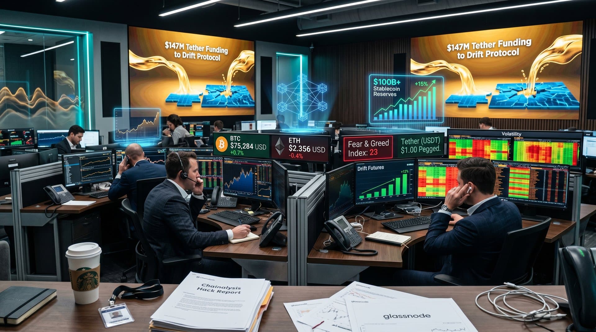 Trading floor screens display BTC $75k charts, Fear & Greed 23, Tether USDT flows, and DeFi recovery data in modern finance setting